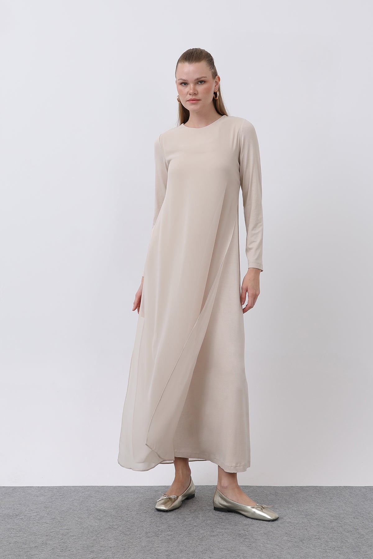Kadın Şifon Detaylı uzun Elbise - 12447ELB BEIGE