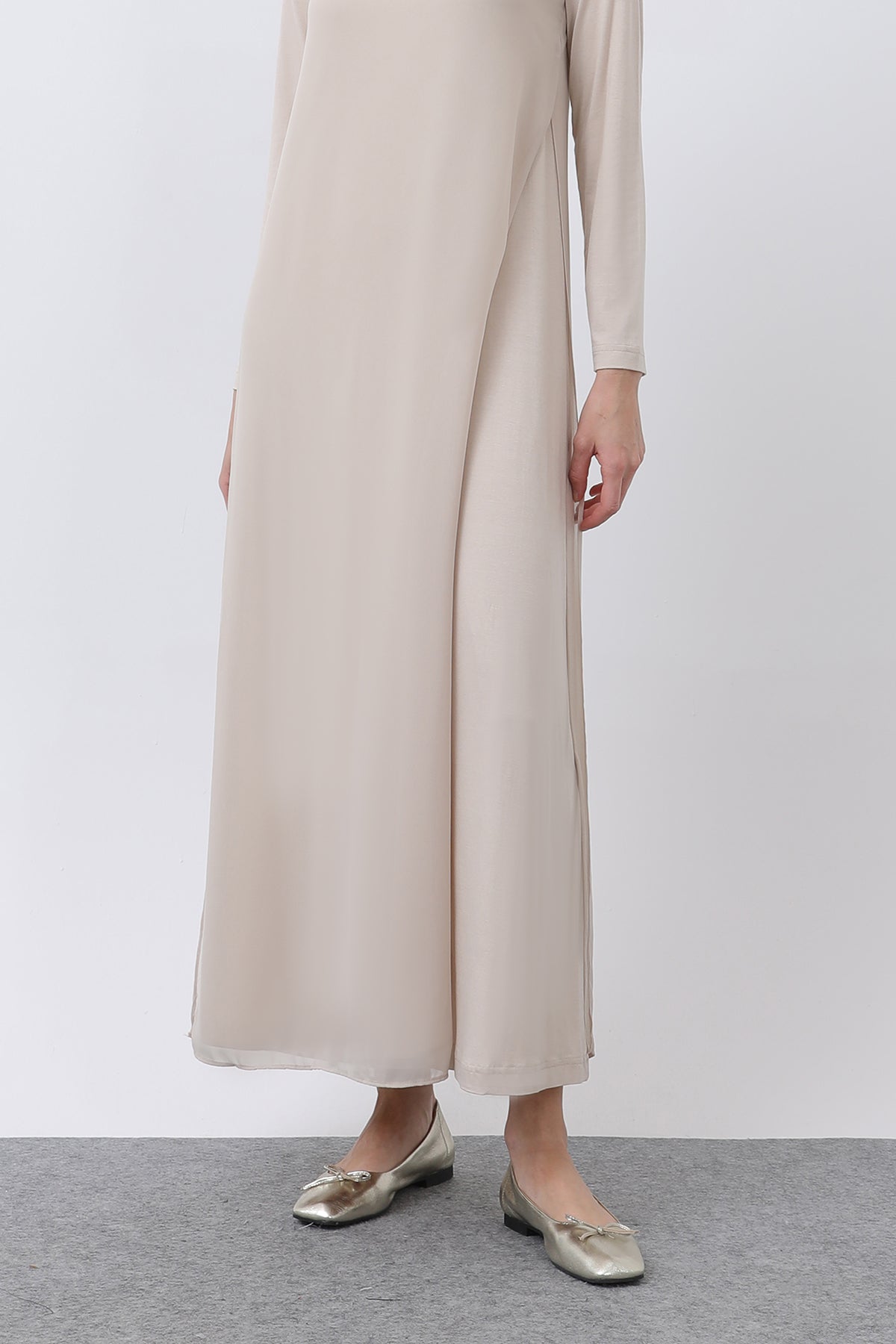 Kadın Şifon Detaylı uzun Elbise - 12447ELB BEIGE