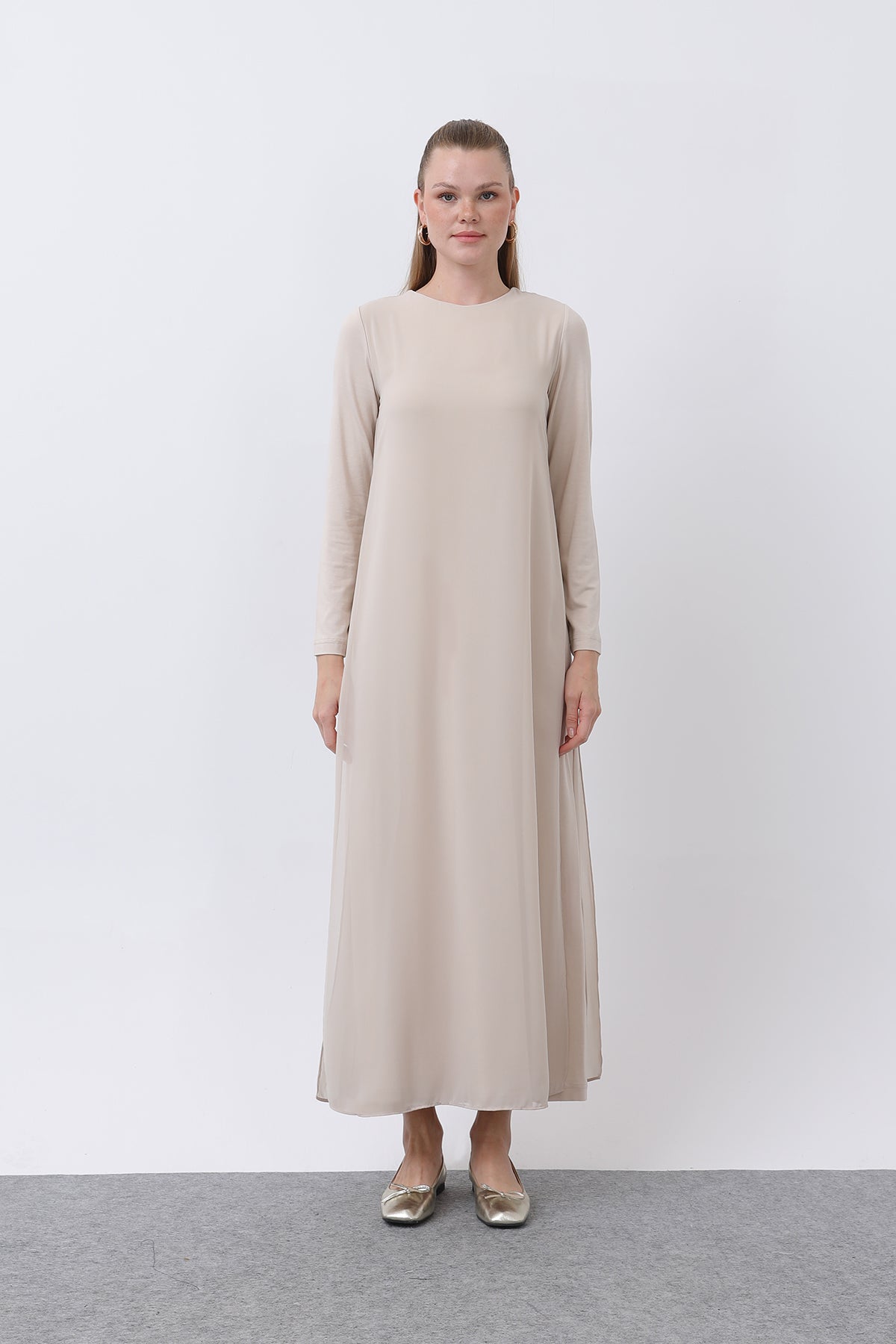 Kadın Şifon Detaylı uzun Elbise - 12447ELB BEIGE