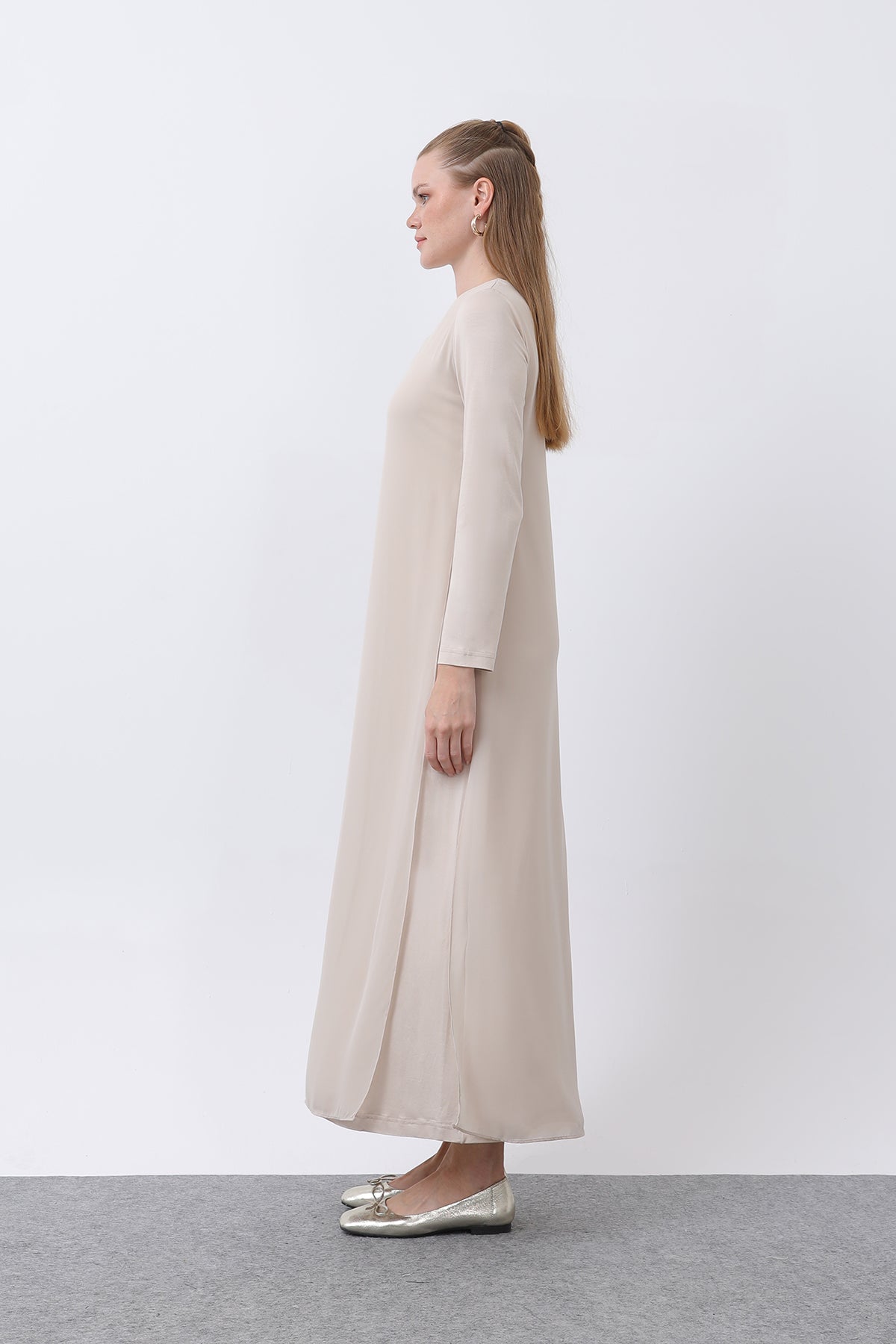 Kadın Şifon Detaylı uzun Elbise - 12447ELB BEIGE