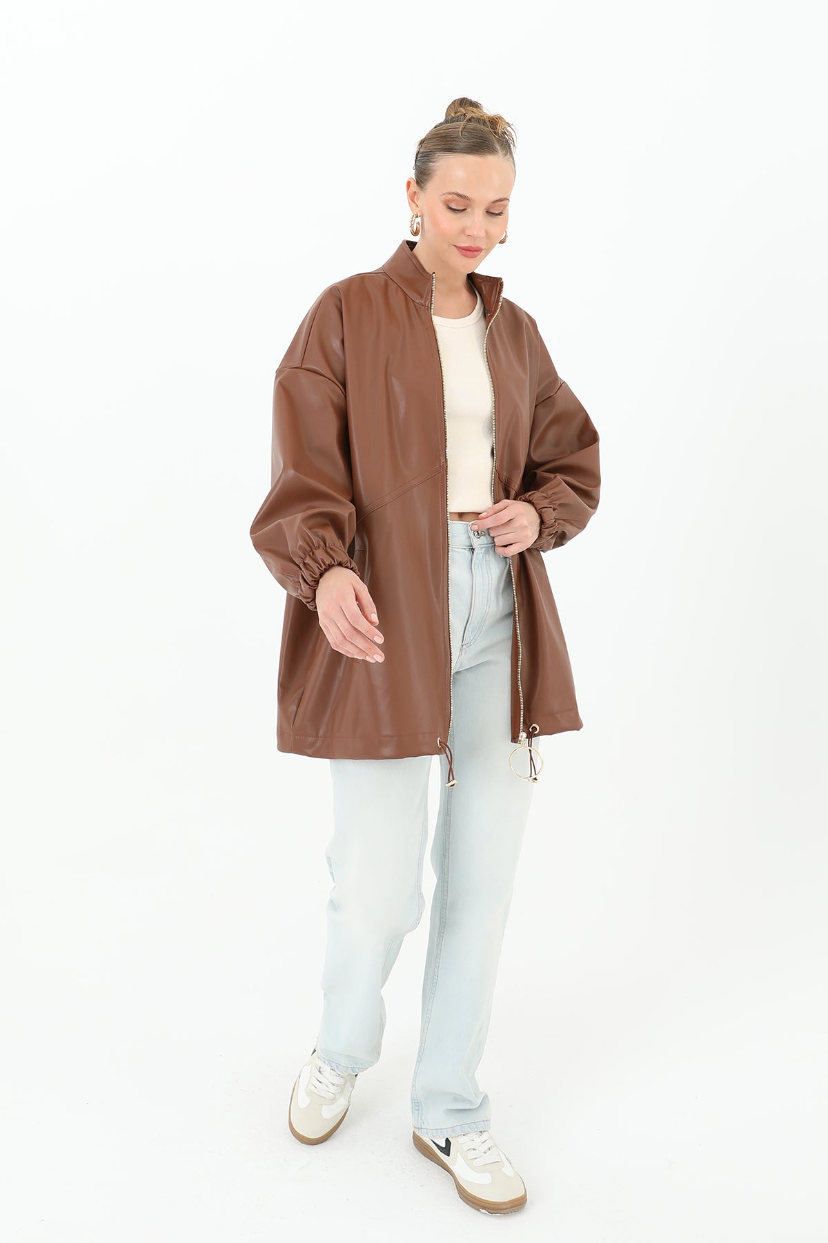 Deri Önden Fermuarlı Mont - 15120MNT BROWN