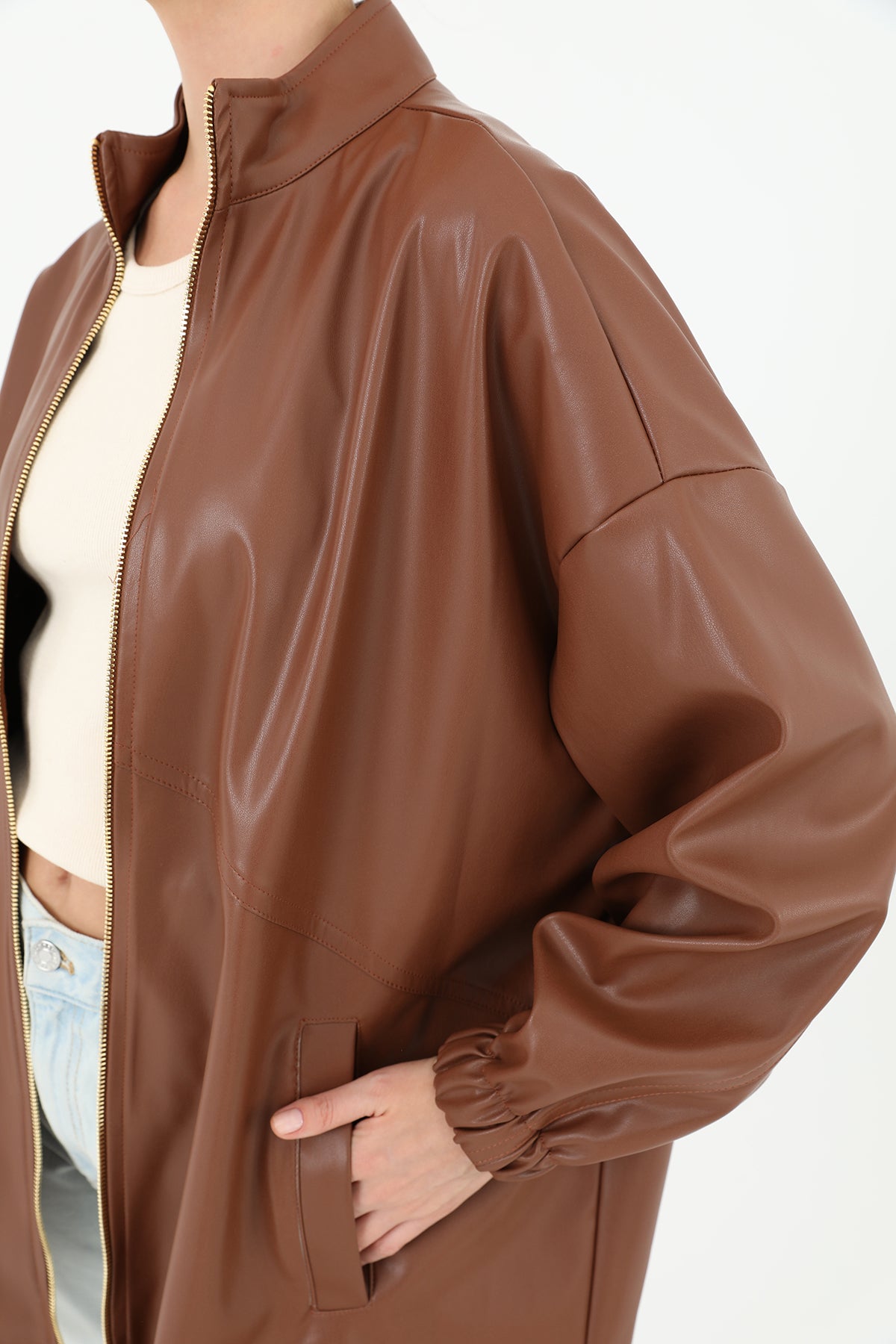 Deri Önden Fermuarlı Mont - 15120MNT BROWN