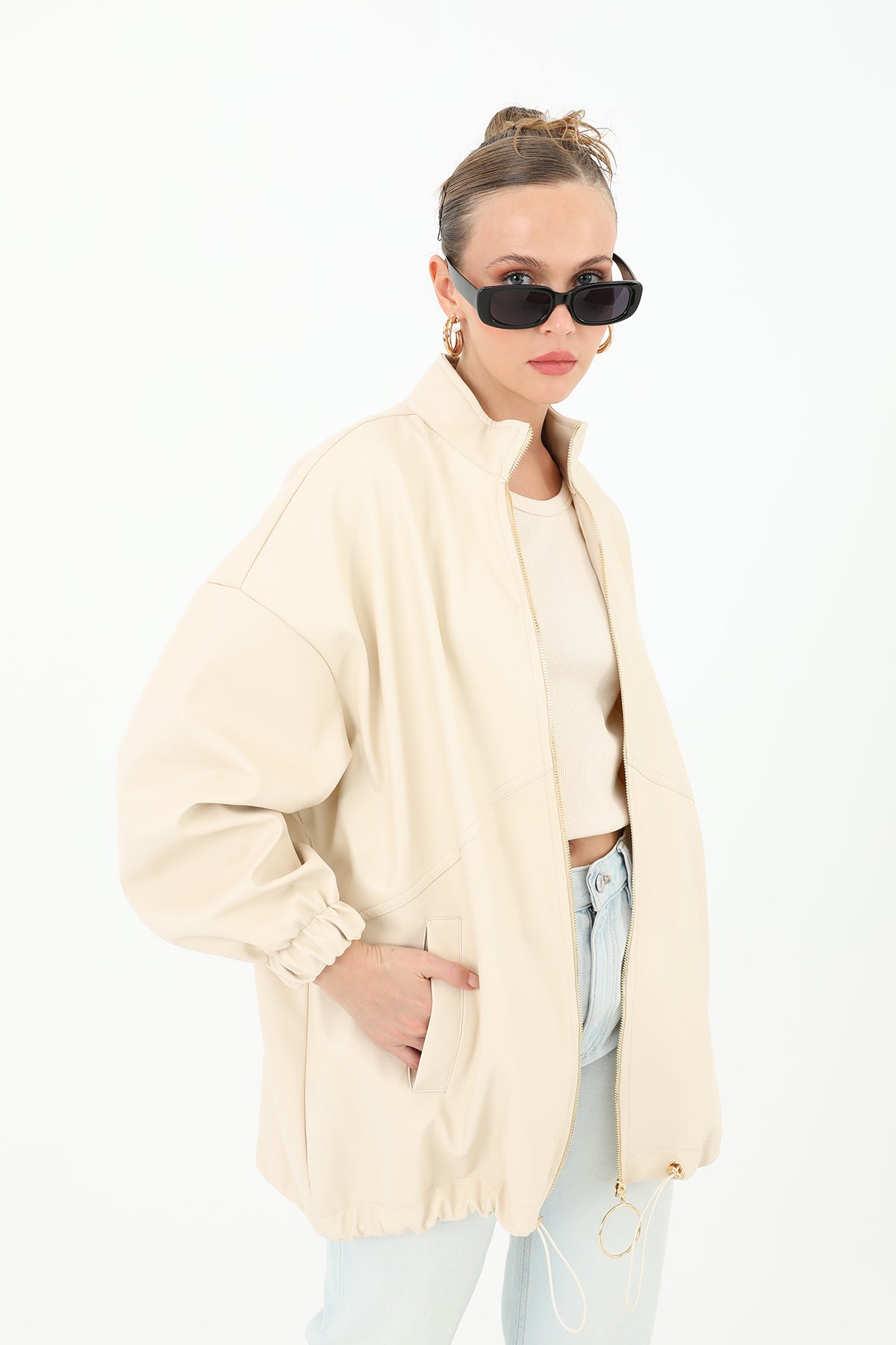 Deri Önden Fermuarlı Mont - 15120MNT BEIGE