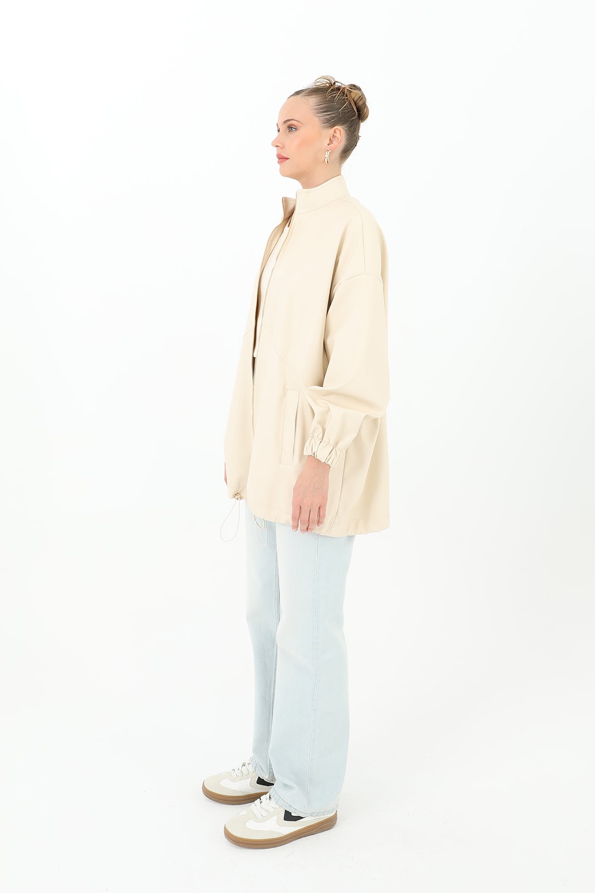 Deri Önden Fermuarlı Mont - 15120MNT BEIGE