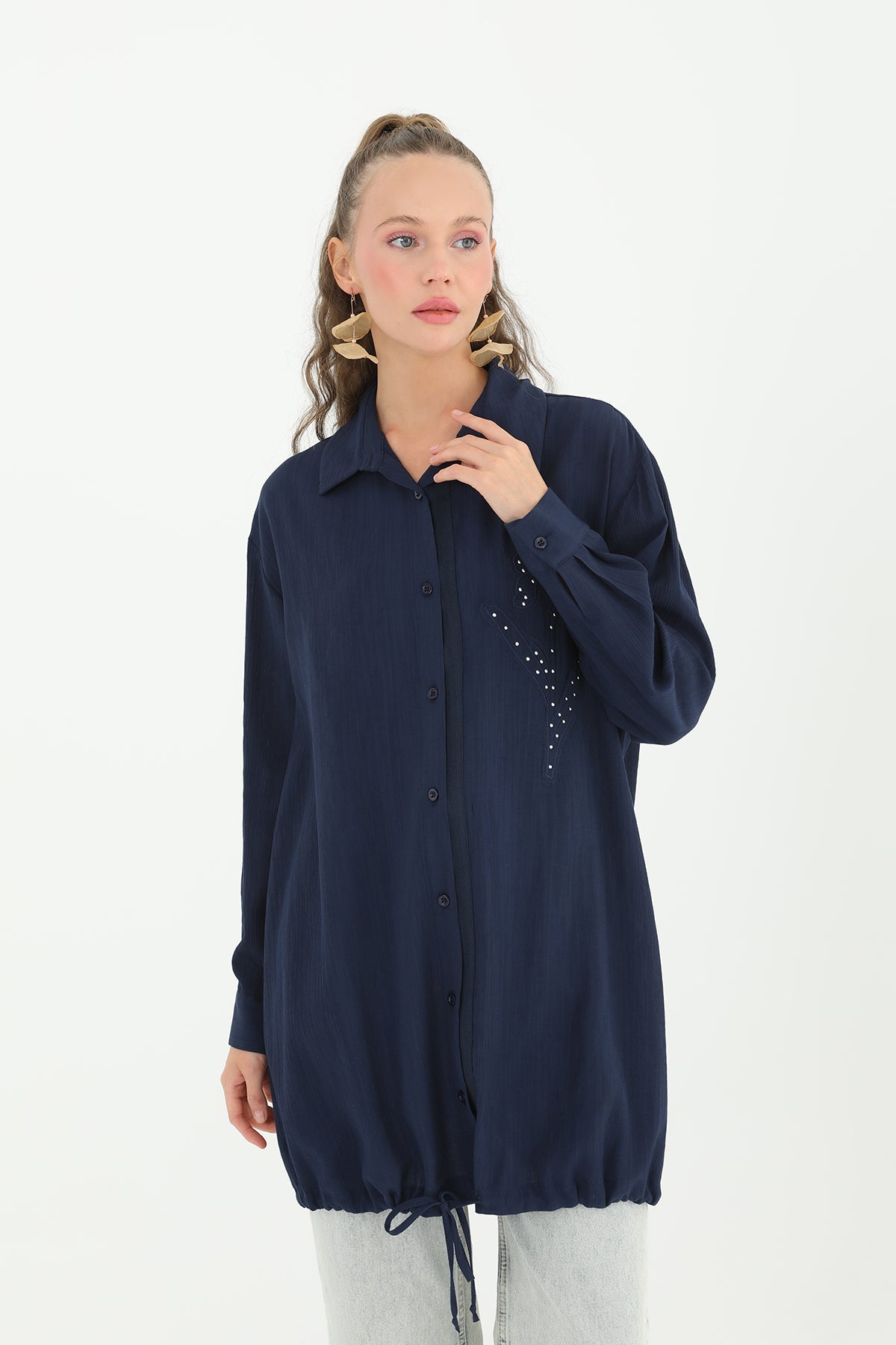 Kadın İşlemeli Gömlek - 10519GML NAVY