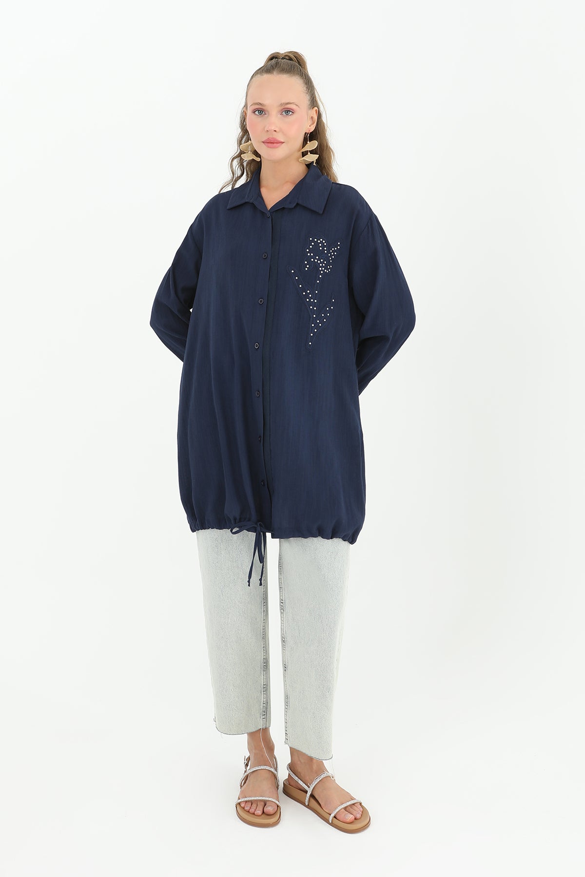 Kadın İşlemeli Gömlek - 10519GML NAVY