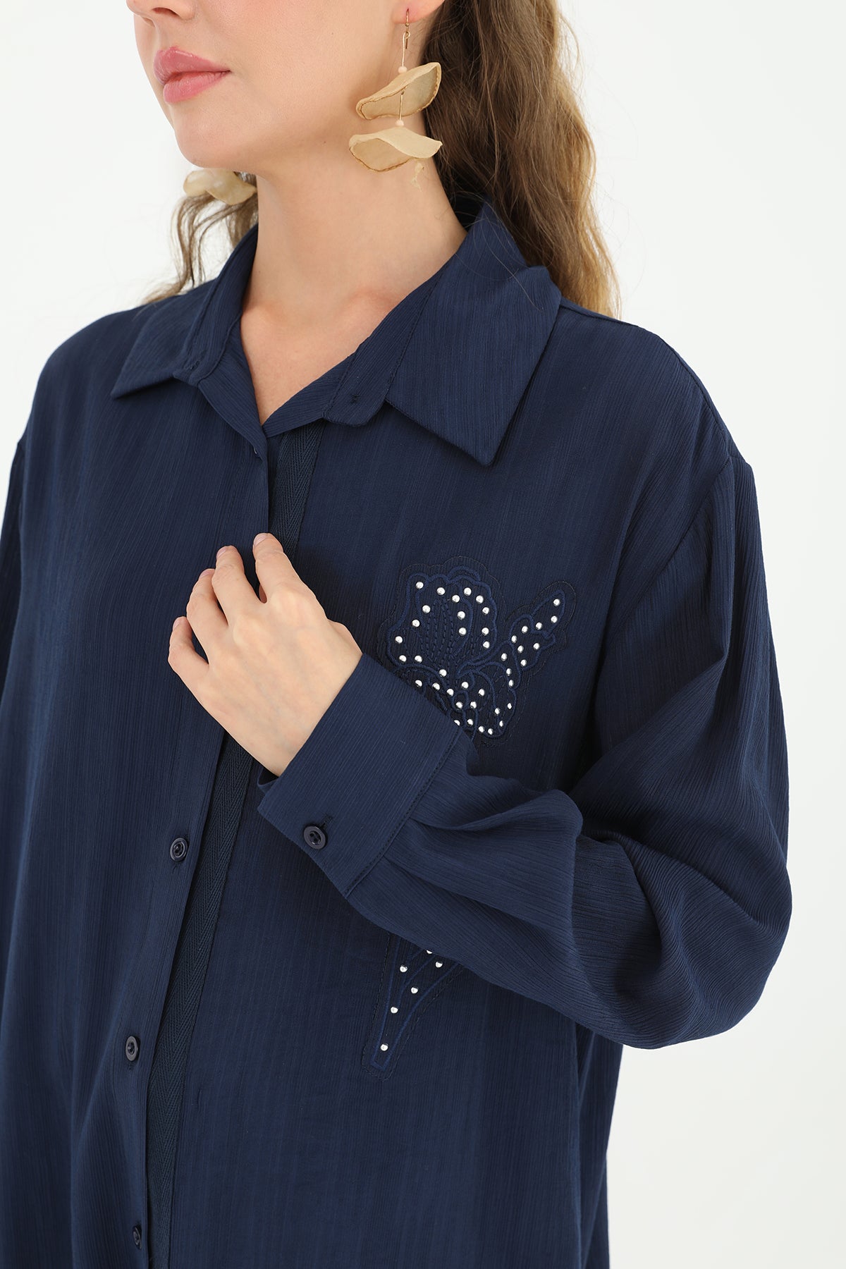 Kadın İşlemeli Gömlek - 10519GML NAVY