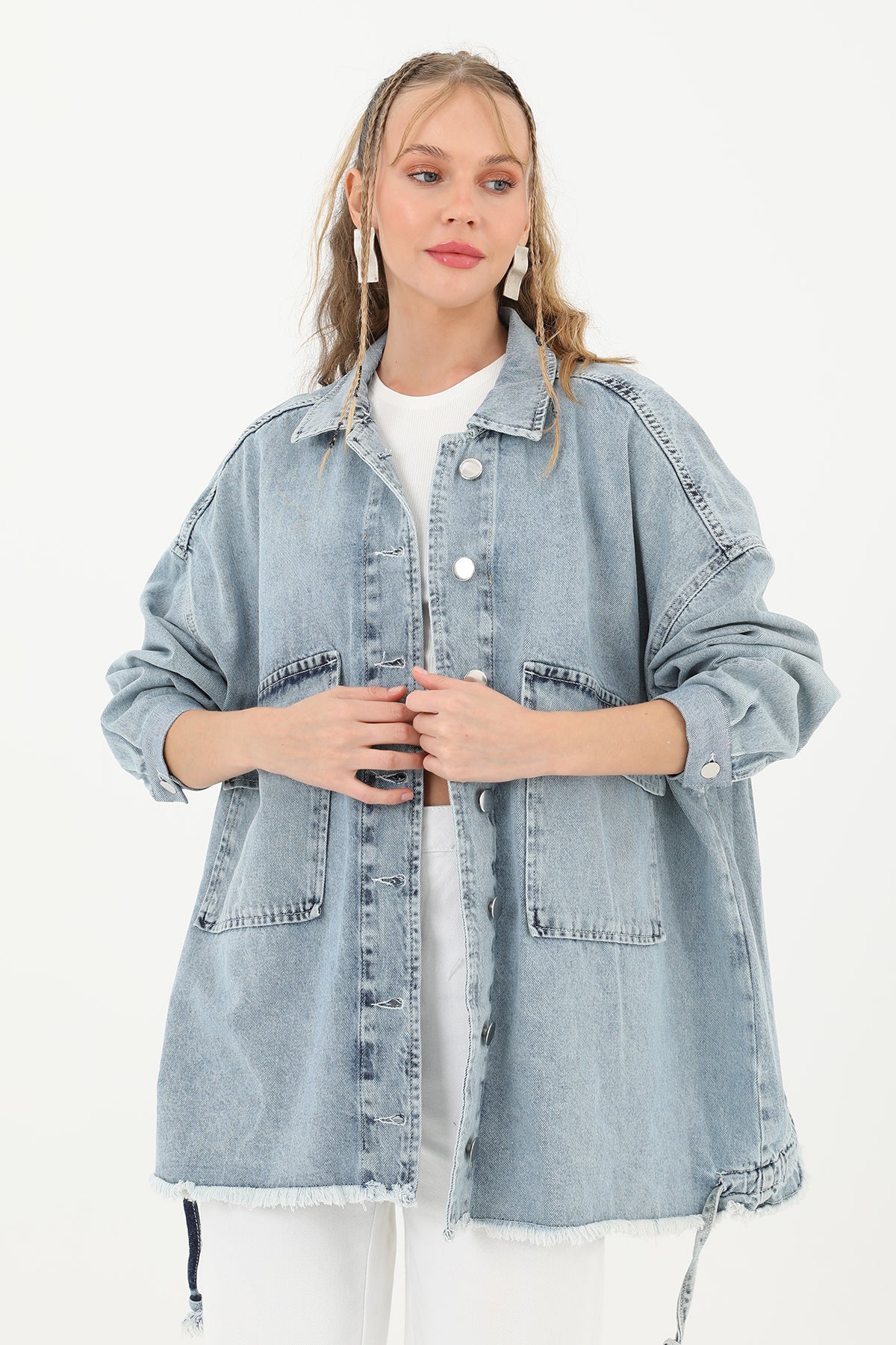 Kadın Geniş Cep Detaylı Kot Ceket - 30451JCK LIGHT BLUE