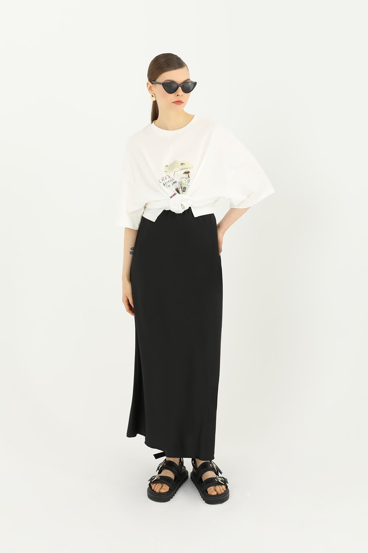Kadın Saten Uzun Etek - 24S-31614ETK BLACK