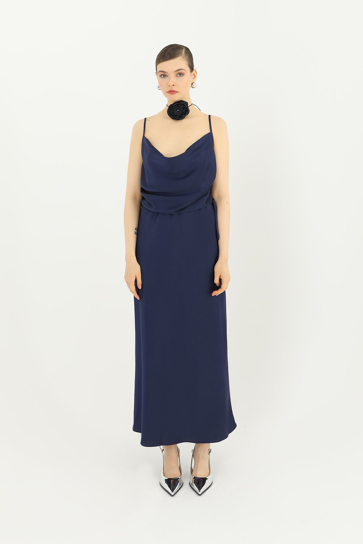 Kadın Saten Uzun Etek - 24S-31614ETK NAVY