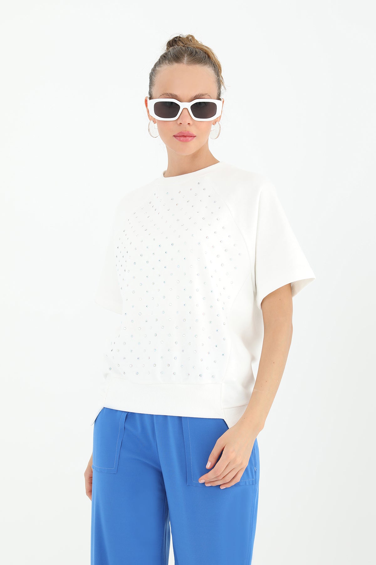 Kadın Taşlı Kısa Kol T-shirt -24S-31679TSH ECRU