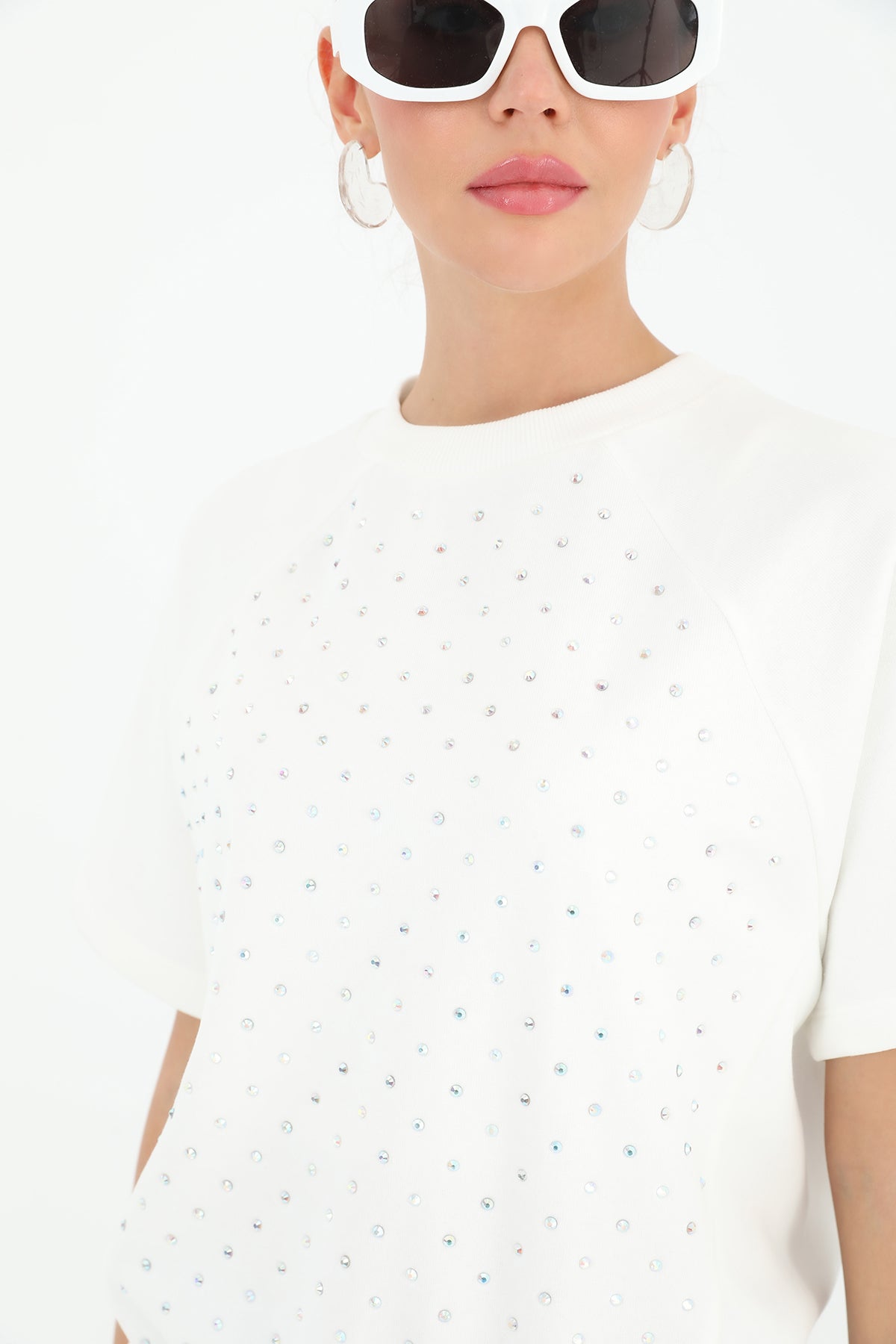 Kadın Taşlı Kısa Kol T-shirt -24S-31679TSH ECRU