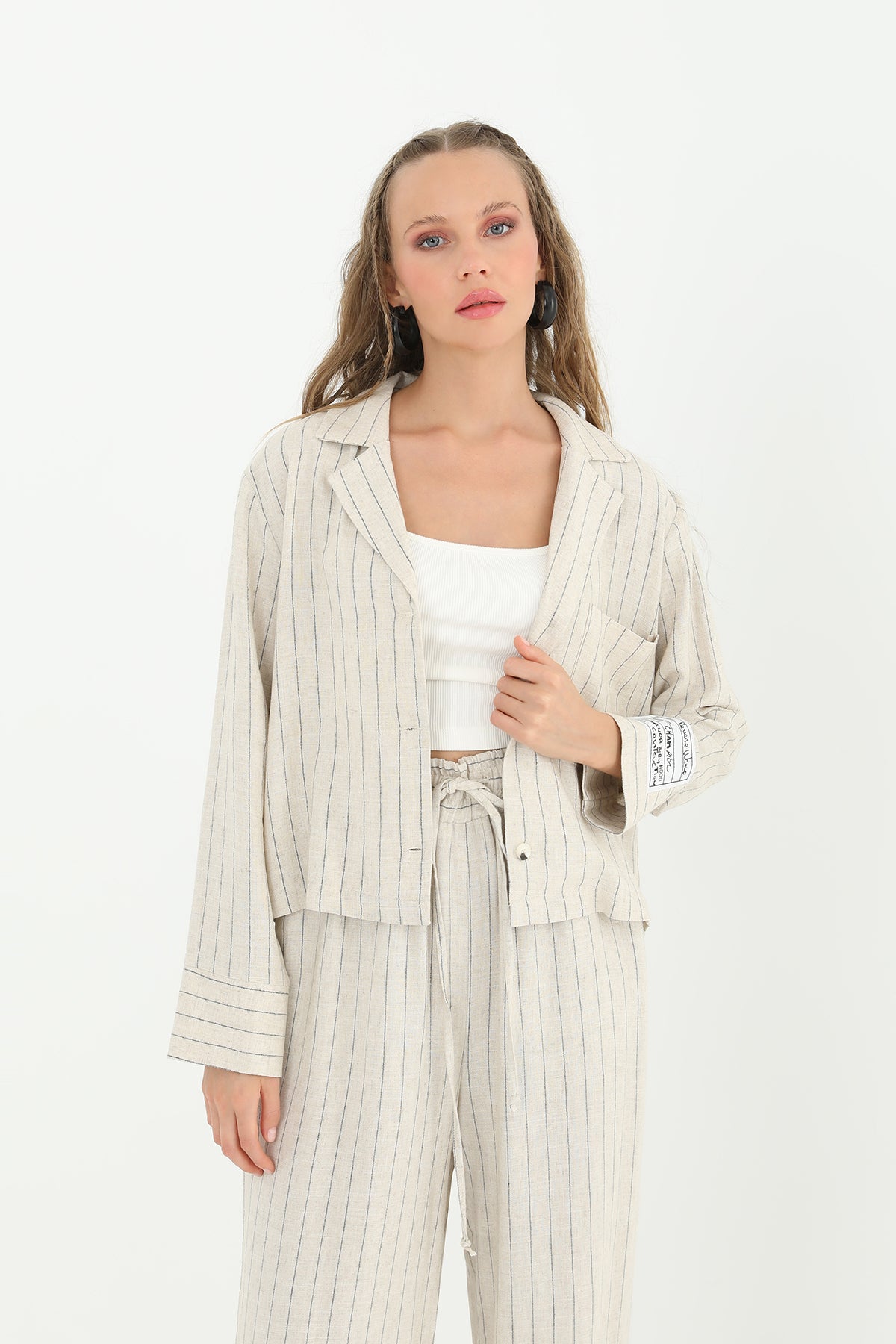 Kadın Çizgili Kısa Cepli Gömlek -24S-31817GML BEIGE