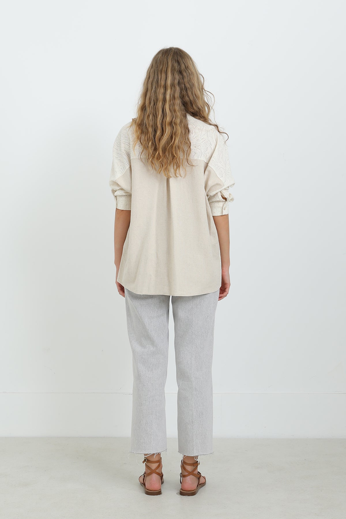 Kadın Keten Uzun Kollu Gömlek -24S-31885GML DARK BEIGE