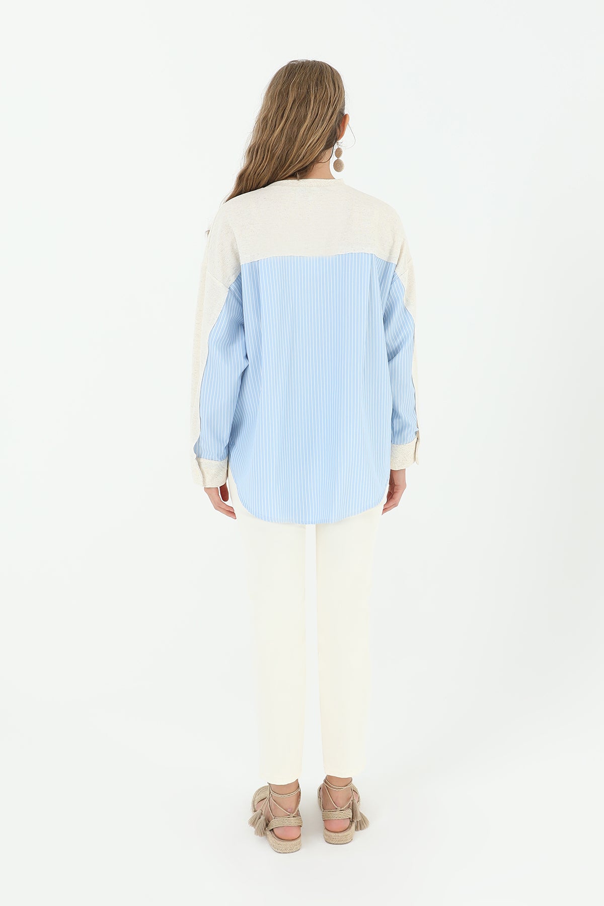 Kadın Önden Cepli Arkası Poplin Çizgili Kumaş -24S-31888BLZ BEIGE-BLUE