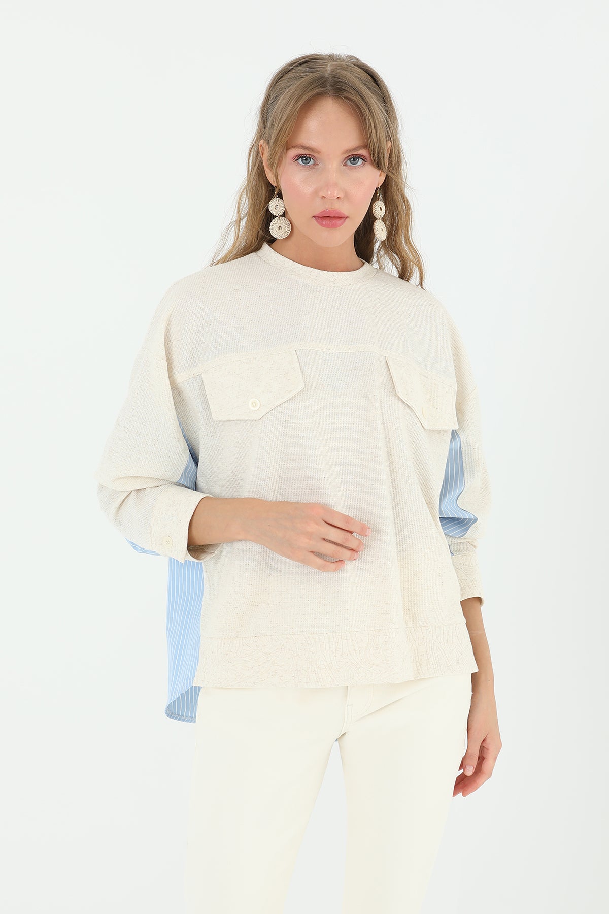 Kadın Önden Cepli Arkası Poplin Çizgili Kumaş -24S-31888BLZ BEIGE-BLUE