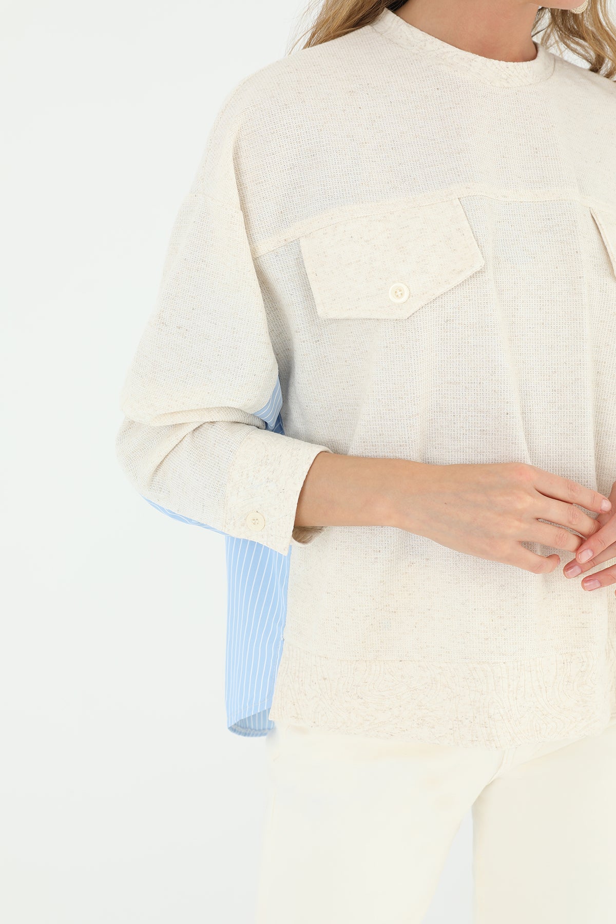 Kadın Önden Cepli Arkası Poplin Çizgili Kumaş -24S-31888BLZ BEIGE-BLUE