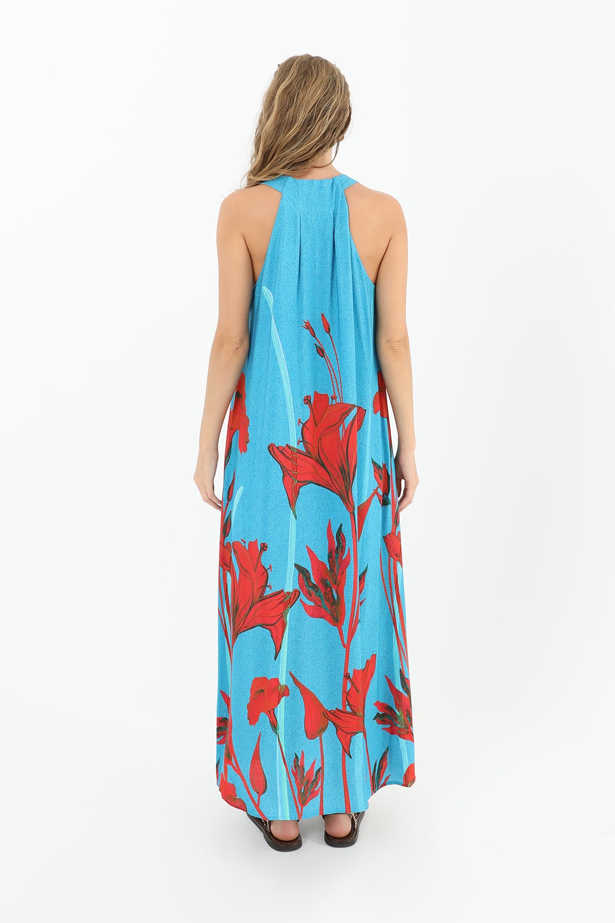 Kadın Tropik Lilium Desenli Elbise-31943ELB AQUA