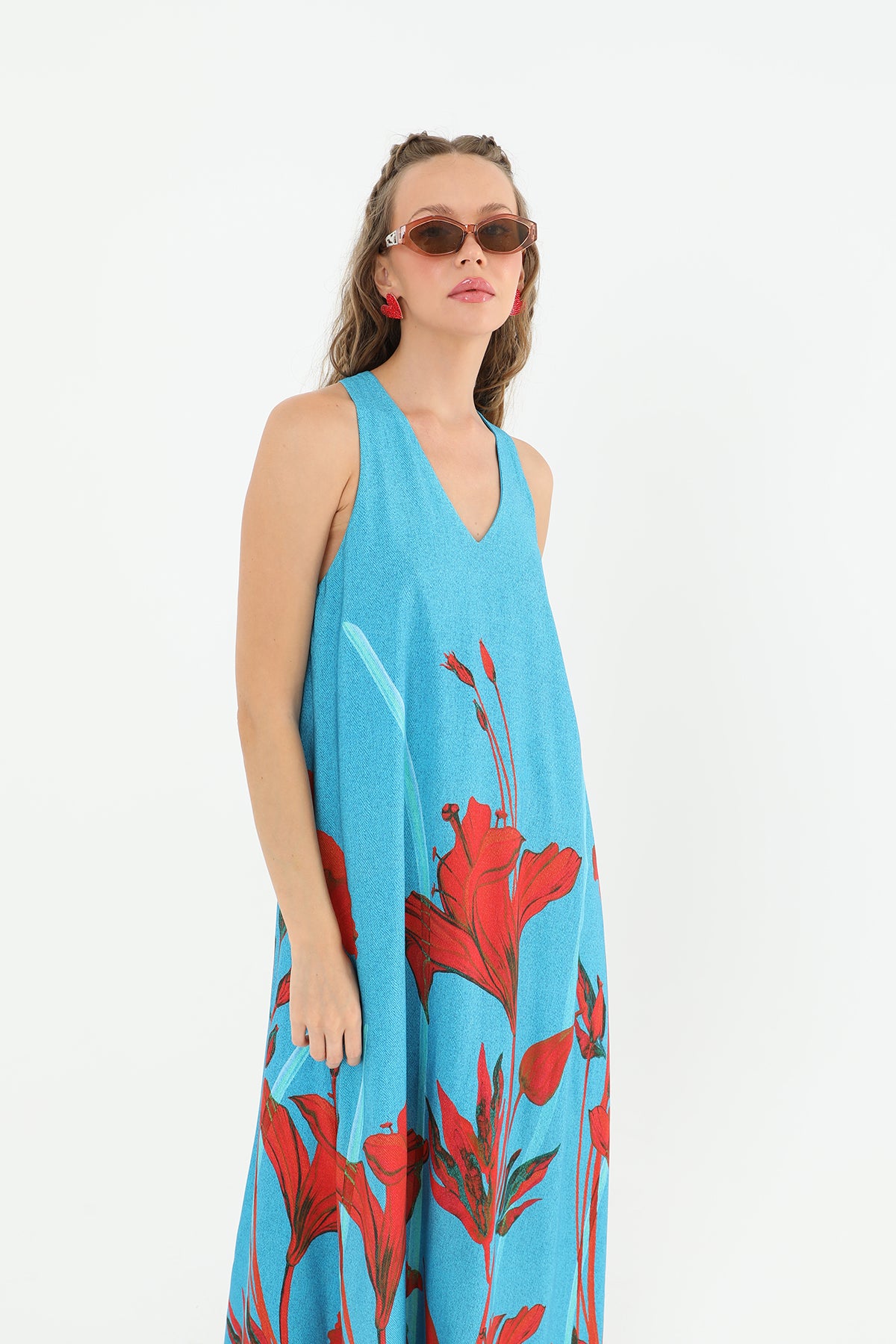 Kadın Tropik Lilium Desenli Elbise-31943ELB AQUA