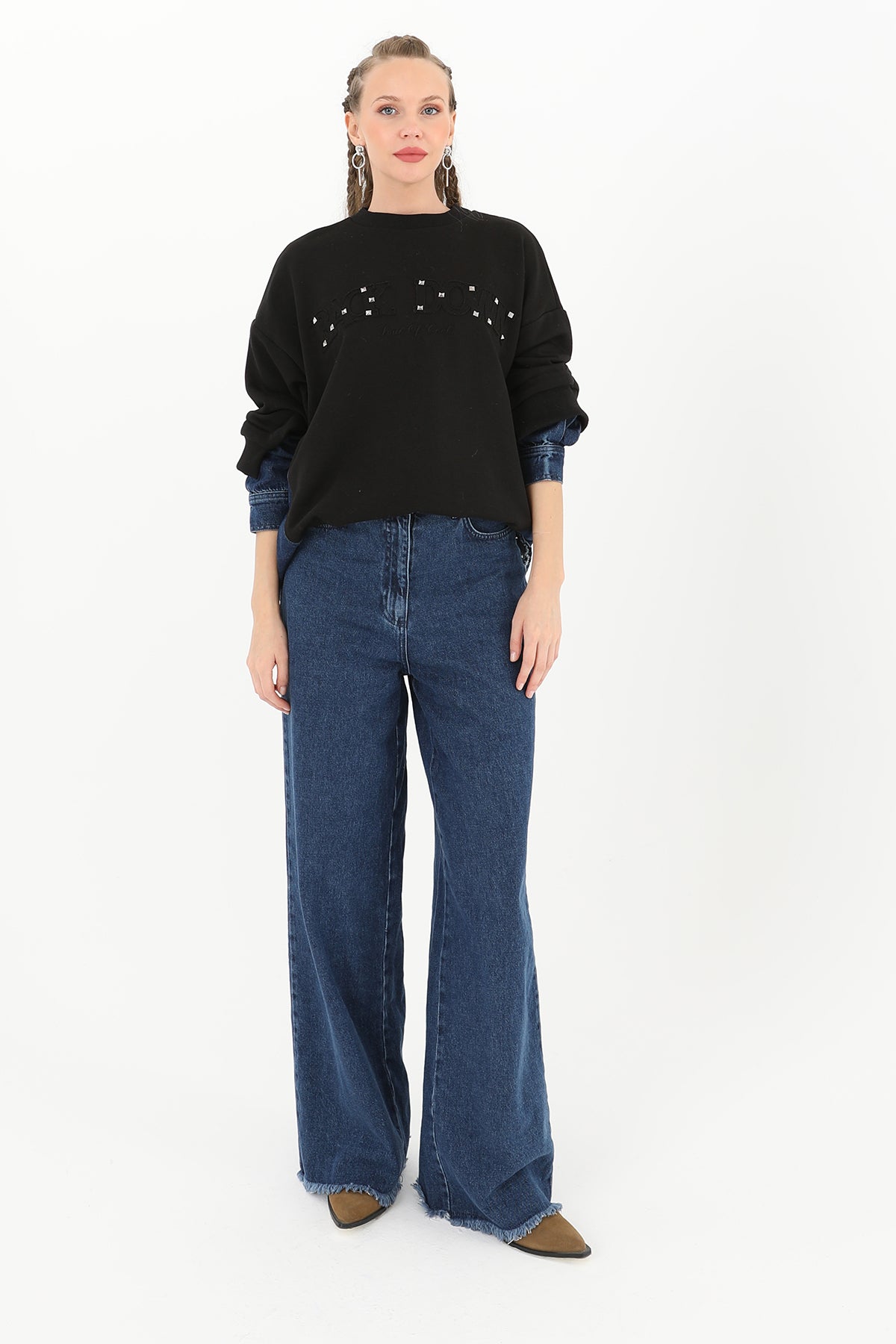 Kadın Kol Ucu Kot Detaylı Taş İşlemeli Sweatshirt - 31990SWT - BLACK-BLUE