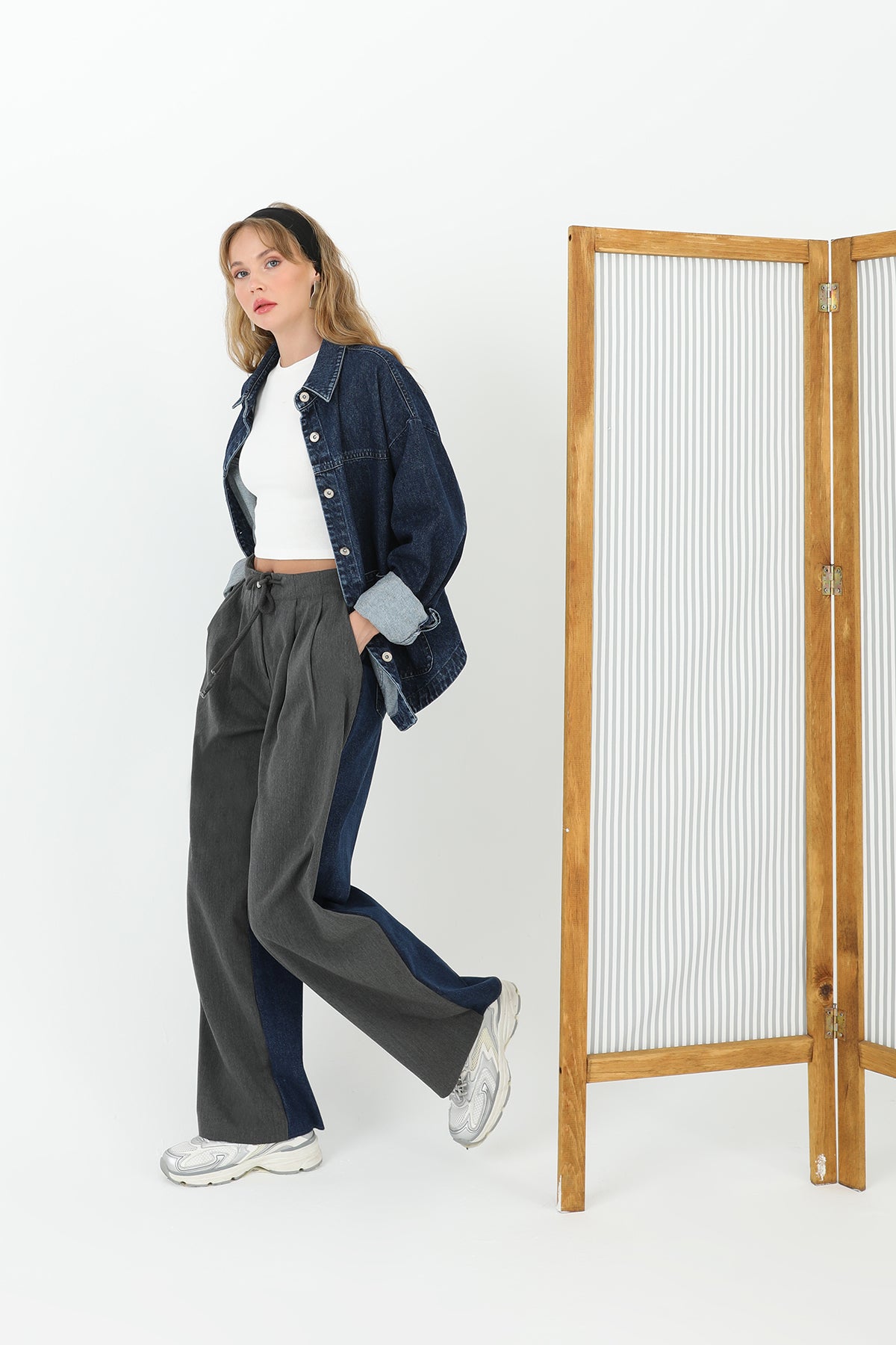 Kadın Arkası Kot Önü Triko Geçişli Geniş Paça Pantolon - 31991PNT ANTHRACITE-BLUE