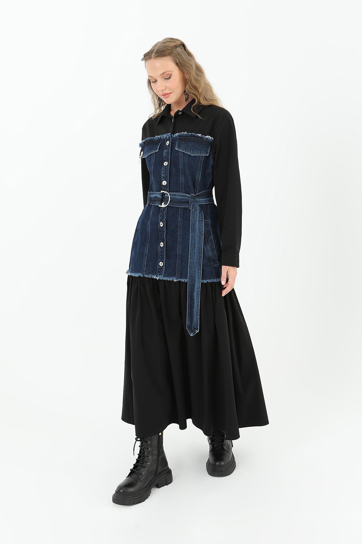 Denim Detaylı Kemerli Uzun Elbise - 32008ELB BLACK-BLUE