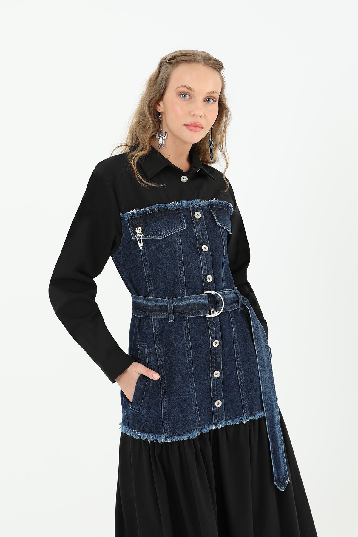 Denim Detaylı Kemerli Uzun Elbise - 32008ELB BLACK-BLUE