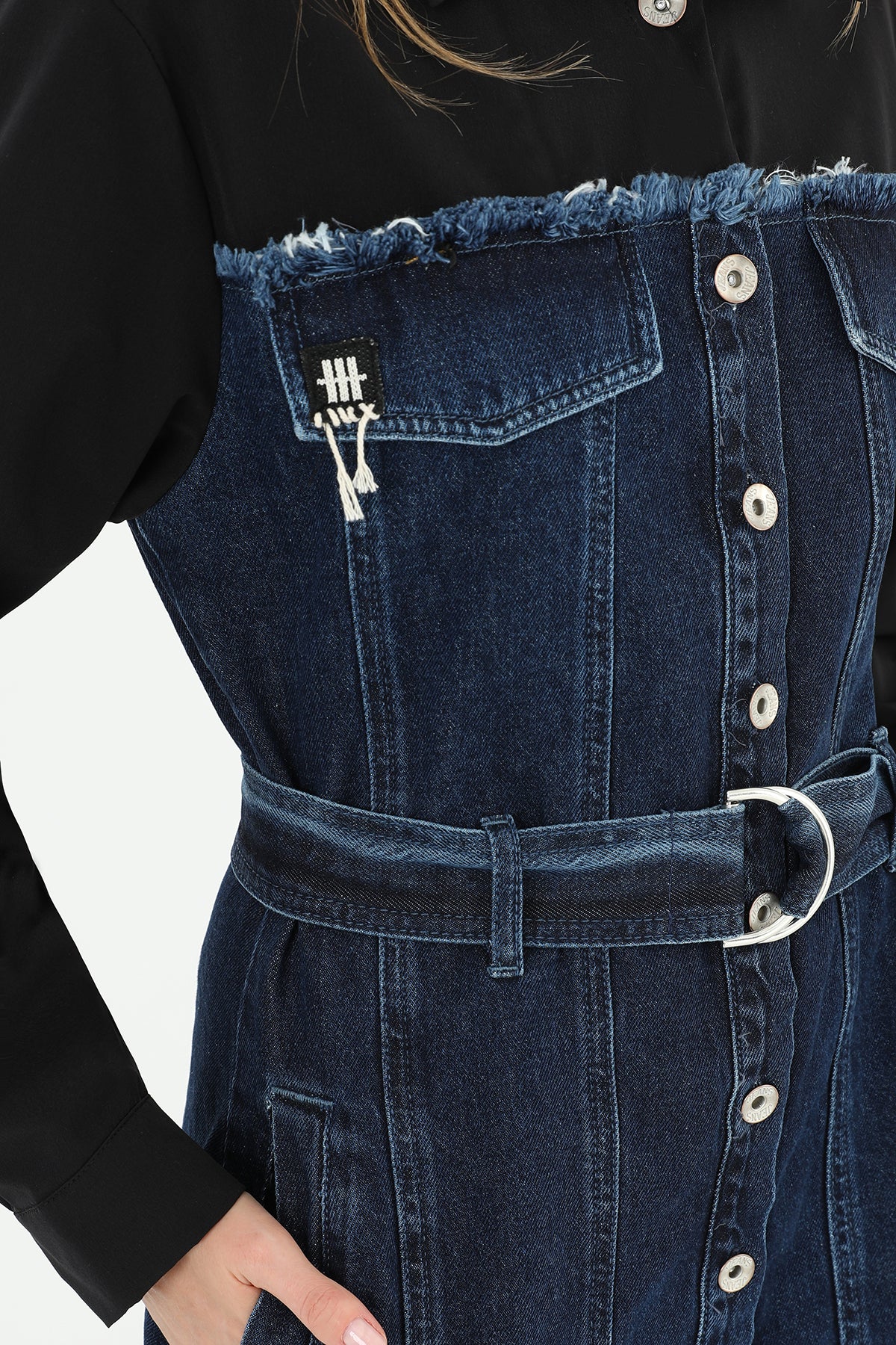 Denim Detaylı Kemerli Uzun Elbise - 32008ELB BLACK-BLUE