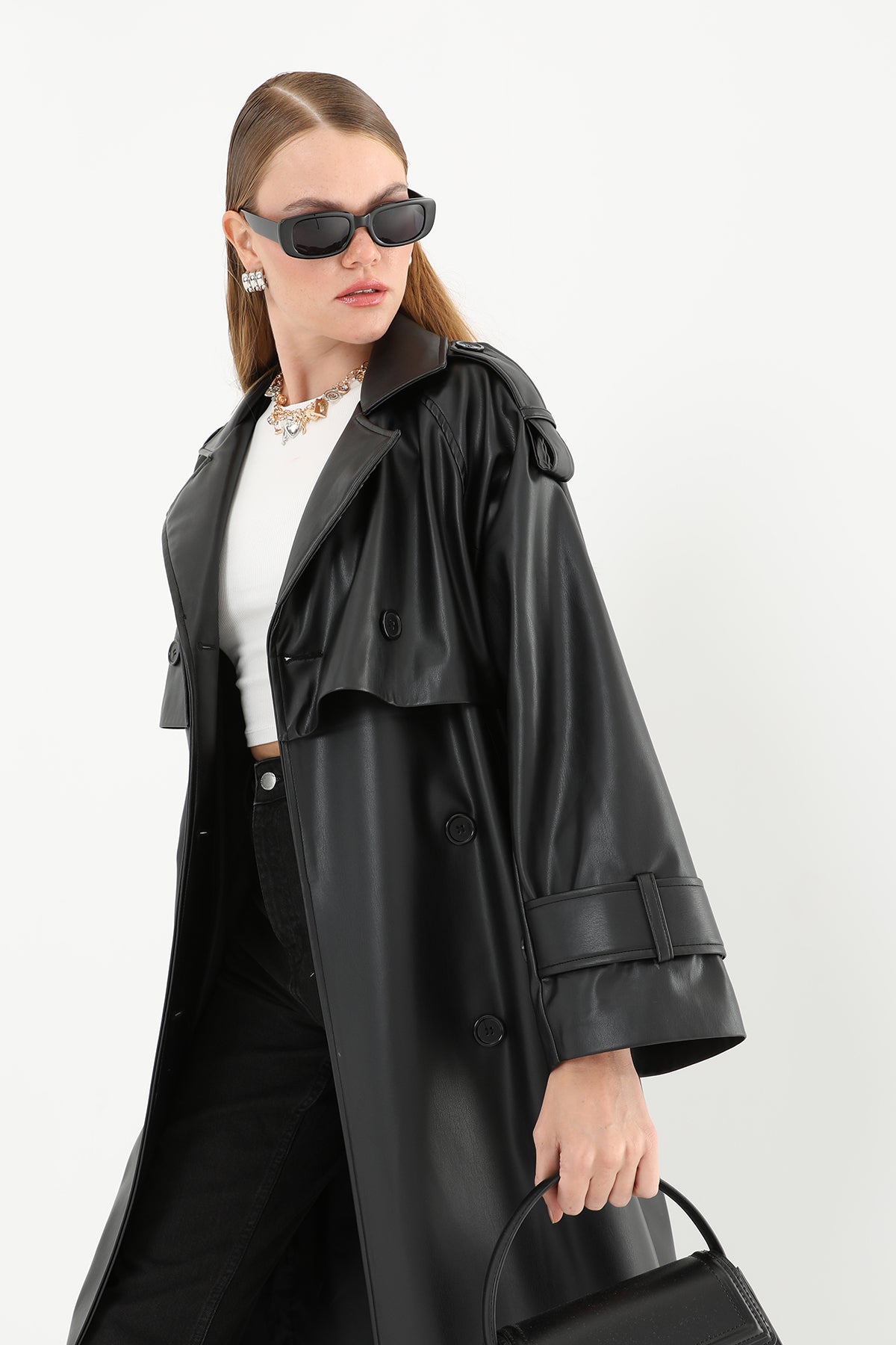 Kadın Deri Uzun Trench - 32017TRC BLACK