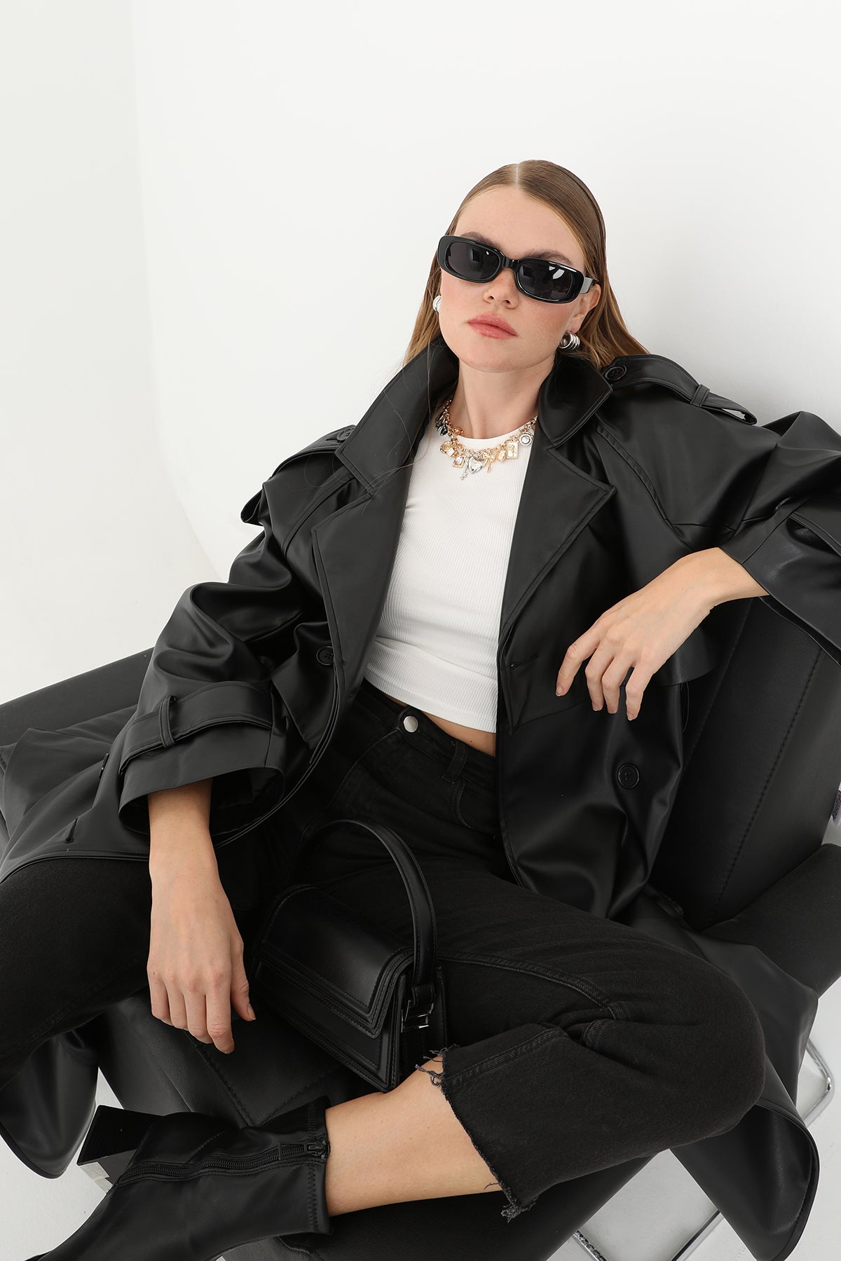 Kadın Deri Uzun Trench - 32017TRC BLACK
