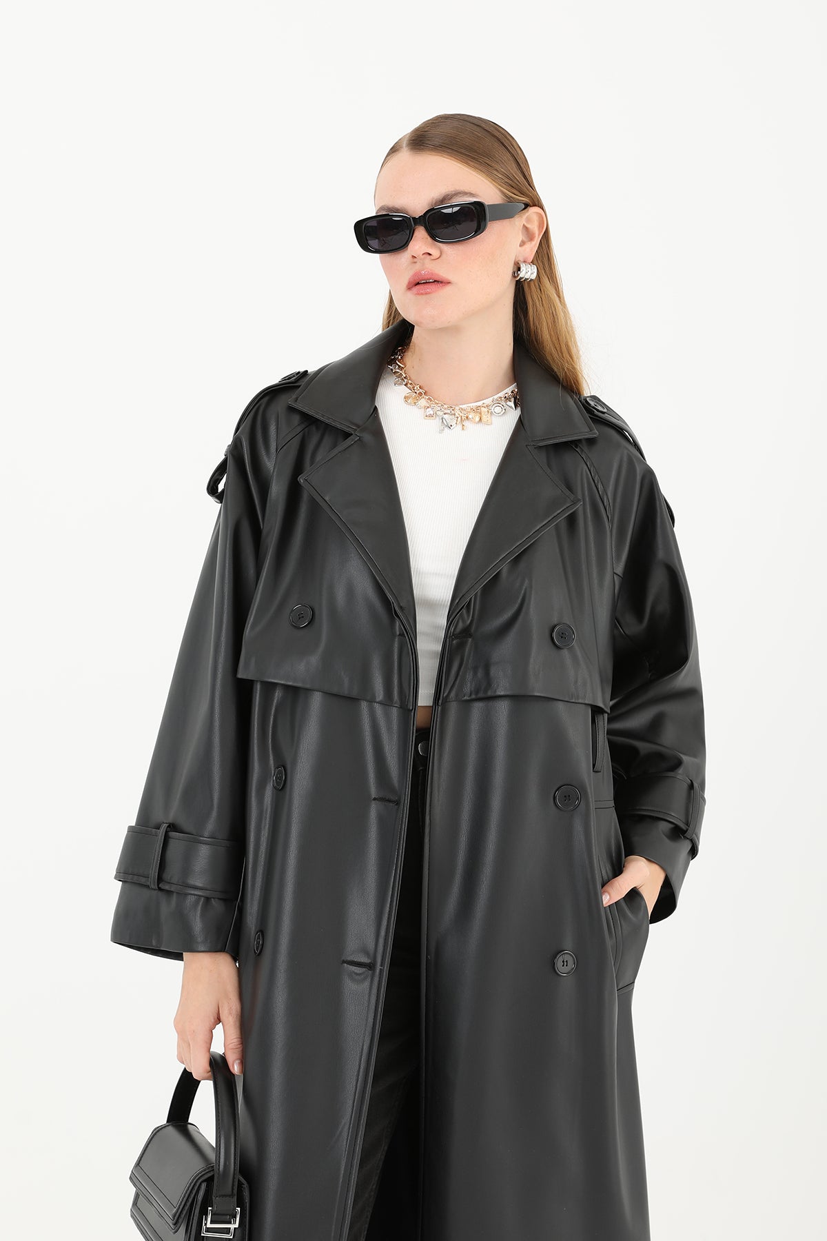 Kadın Deri Uzun Trench - 32017TRC BLACK