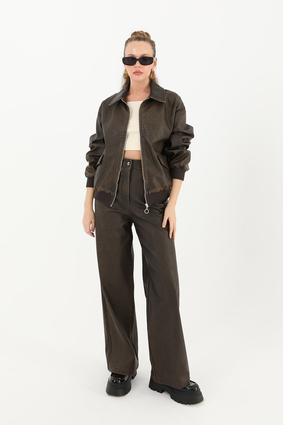 Kadın Yıkamalı Deri Ceket - 32033MNT BROWN