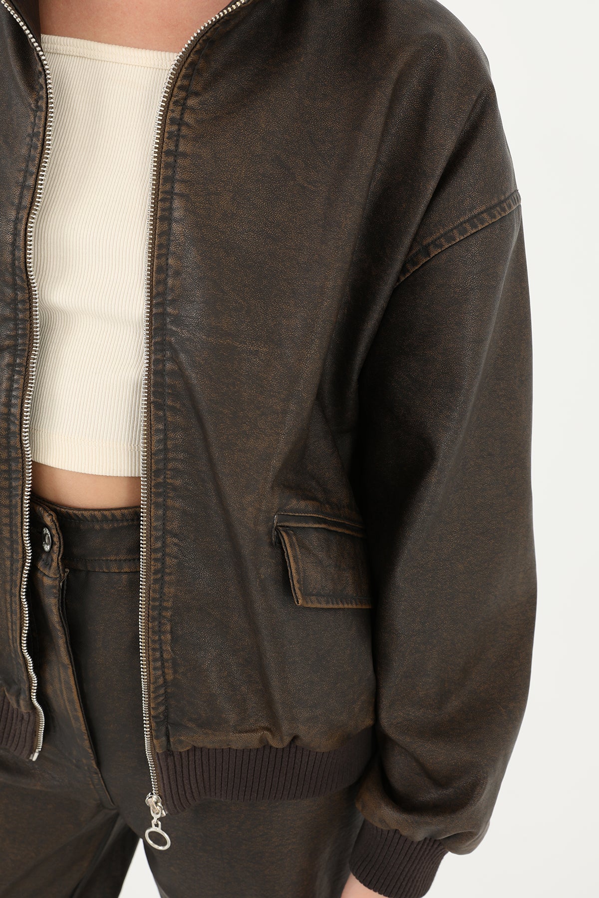 Kadın Yıkamalı Deri Ceket - 32033MNT BROWN