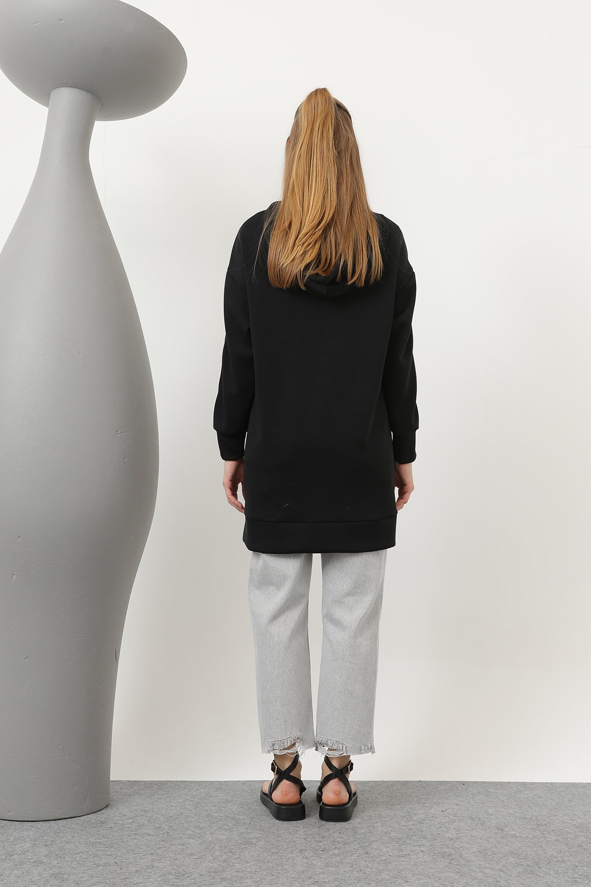 Kadın Önü Fermuar Detaylı Kapişonlu Tunik - 10610TUN BLACK