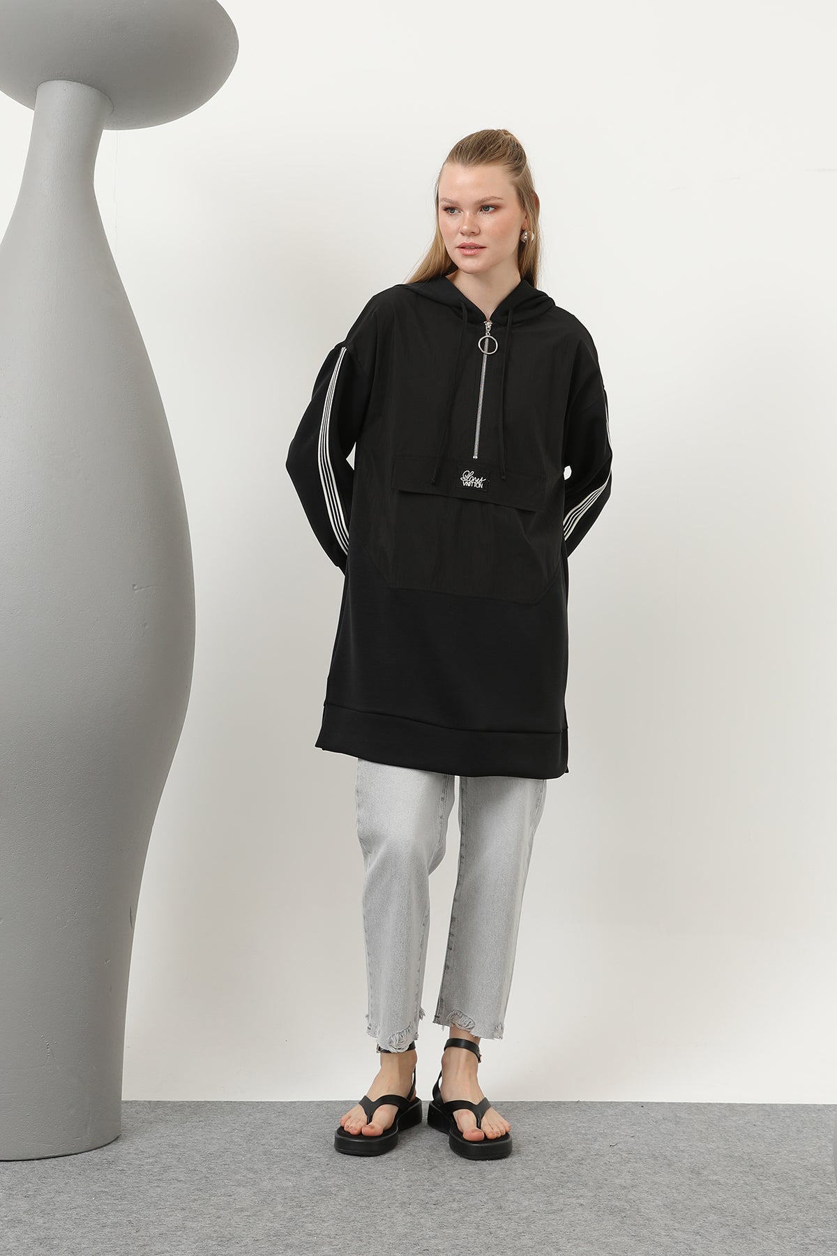 Kadın Önü Fermuar Detaylı Kapişonlu Tunik - 10610TUN BLACK