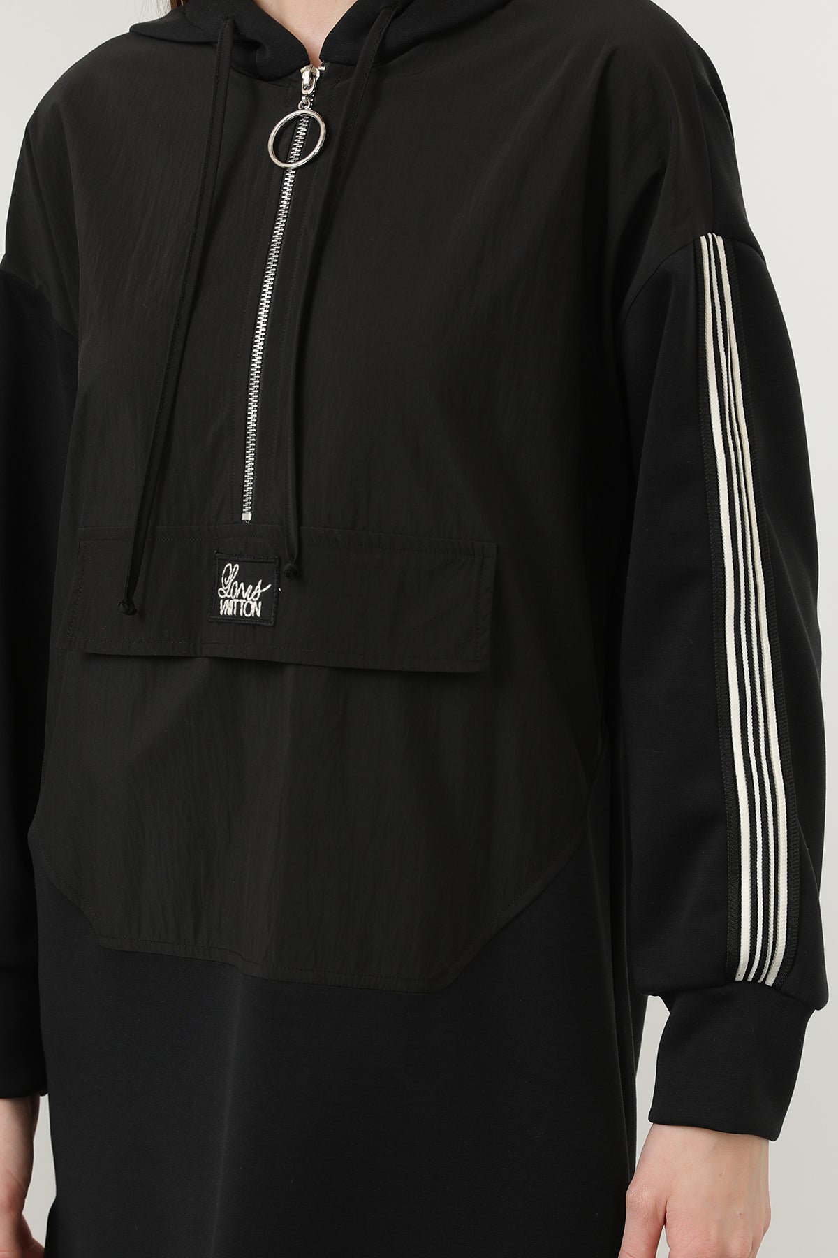 Kadın Önü Fermuar Detaylı Kapişonlu Tunik - 10610TUN BLACK
