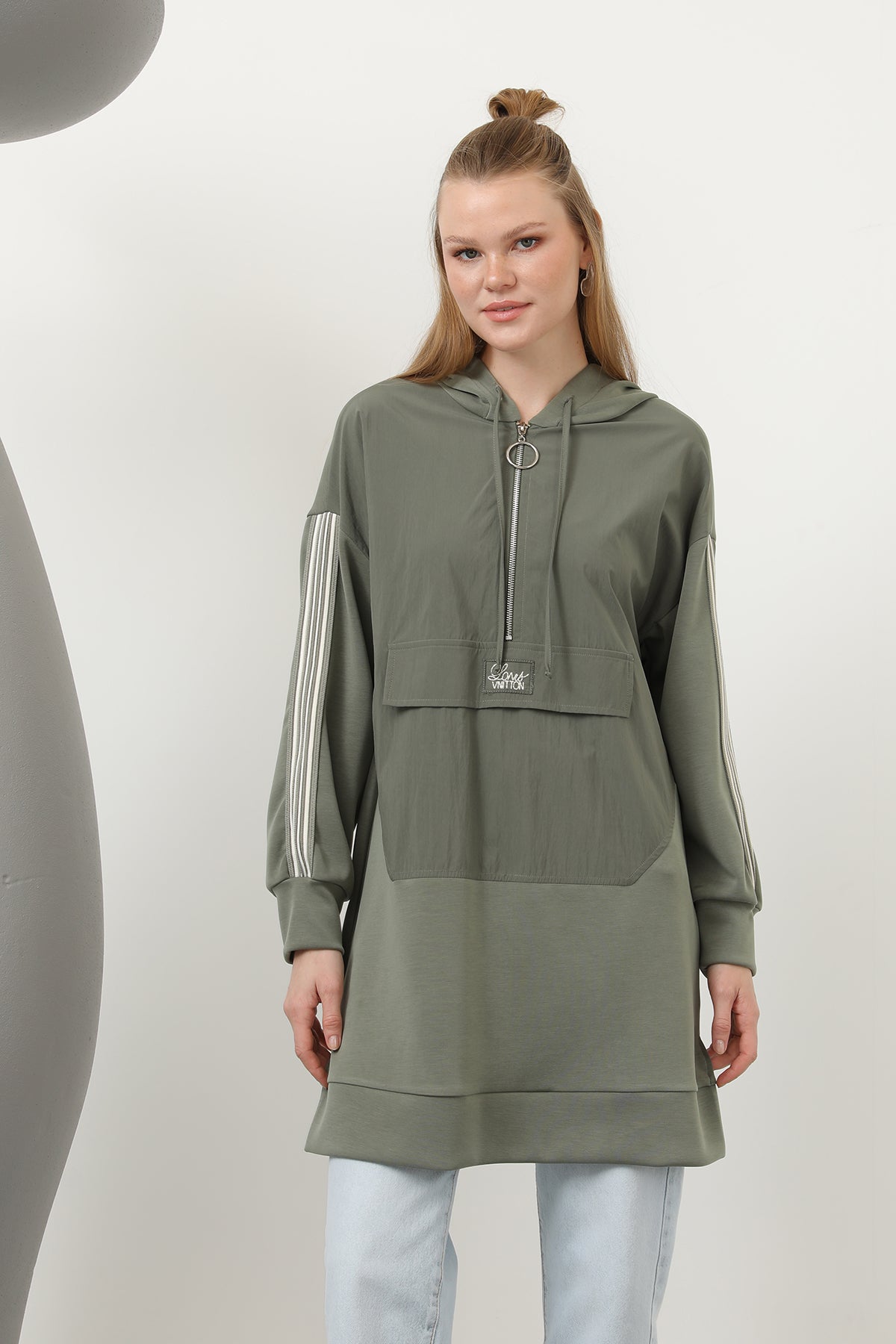 Kadın Önü Fermuar Detaylı Kapişonlu Tunik - 10610TUN KHAKI