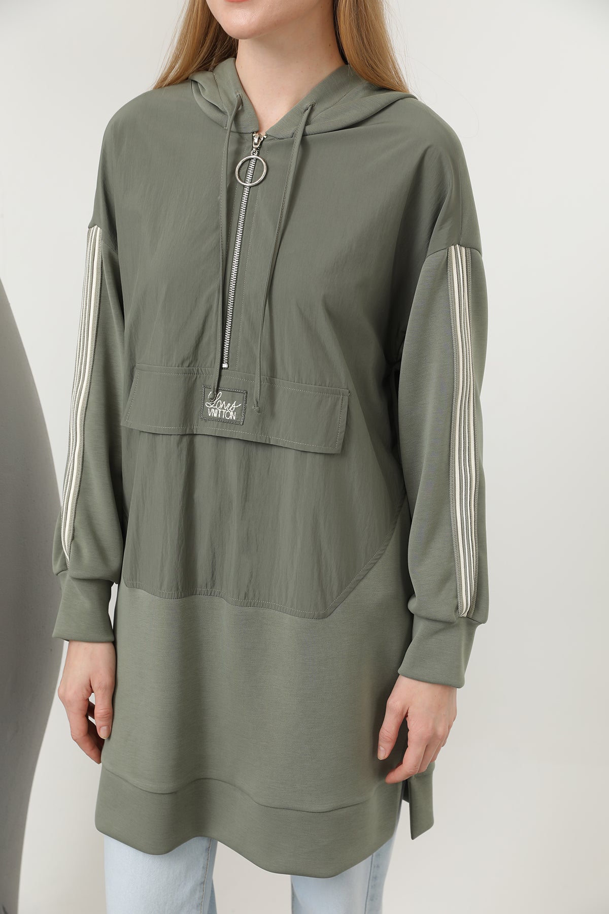 Kadın Önü Fermuar Detaylı Kapişonlu Tunik - 10610TUN KHAKI