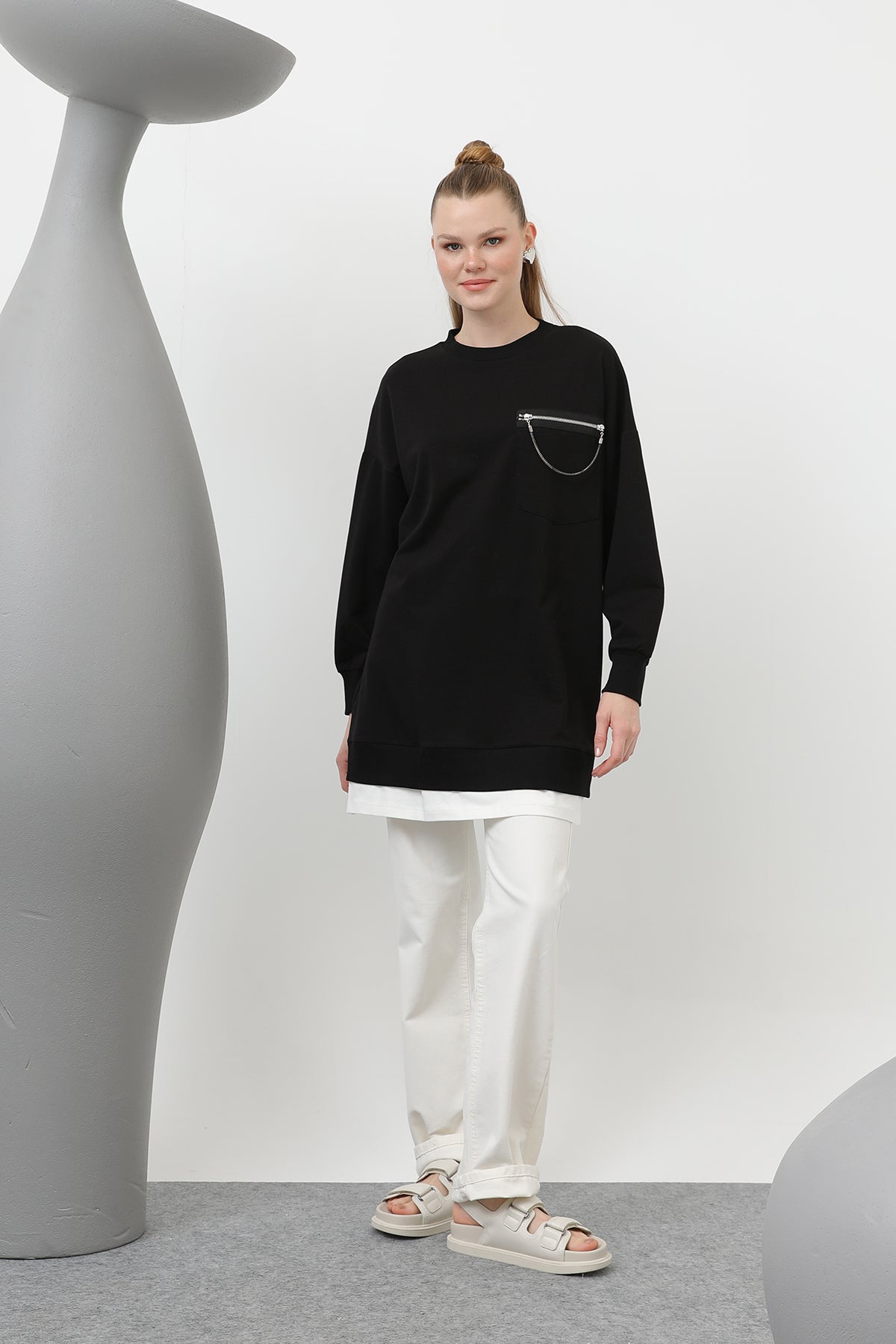 Kadın Önü Çift Taraflı Süs Fermuar Detaylı Tunik - 10620TUN BLACK