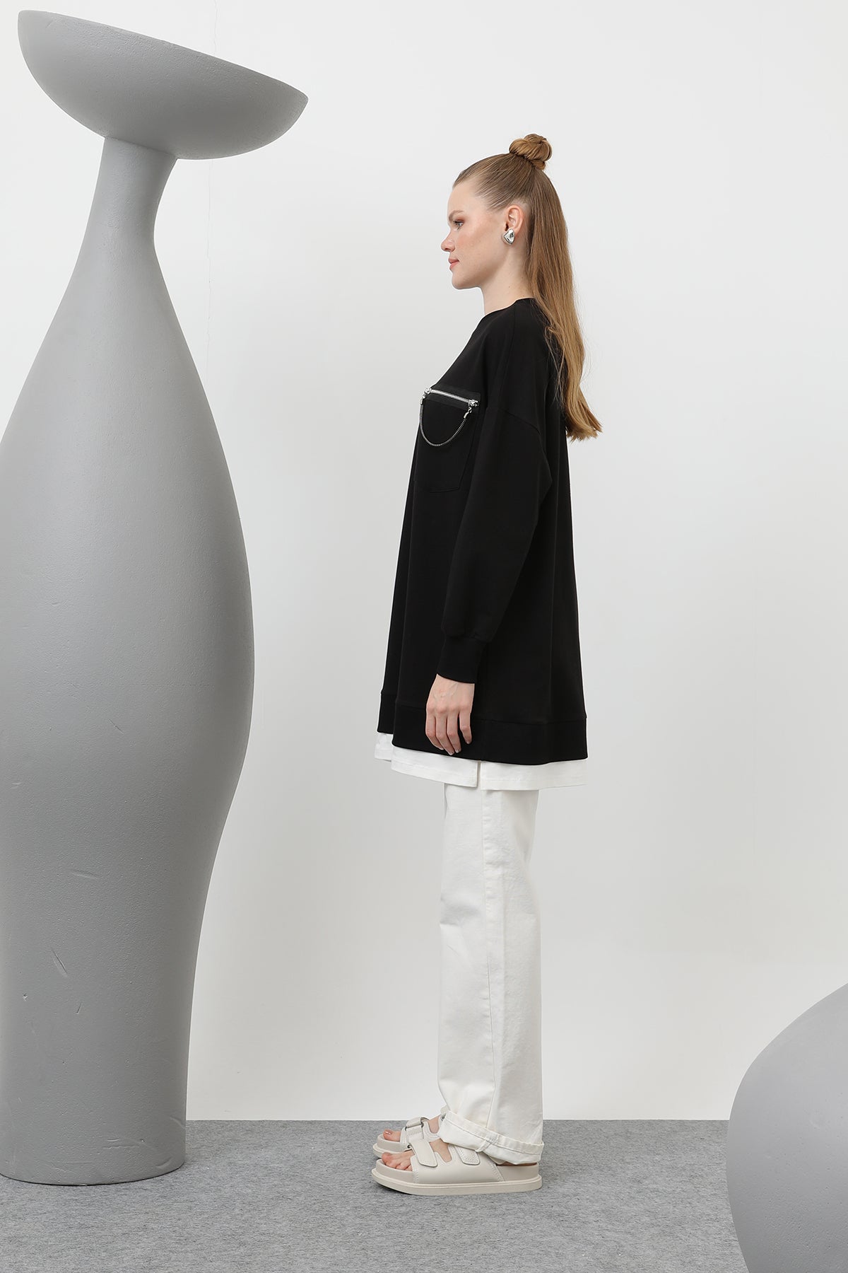 Kadın Önü Çift Taraflı Süs Fermuar Detaylı Tunik - 10620TUN BLACK
