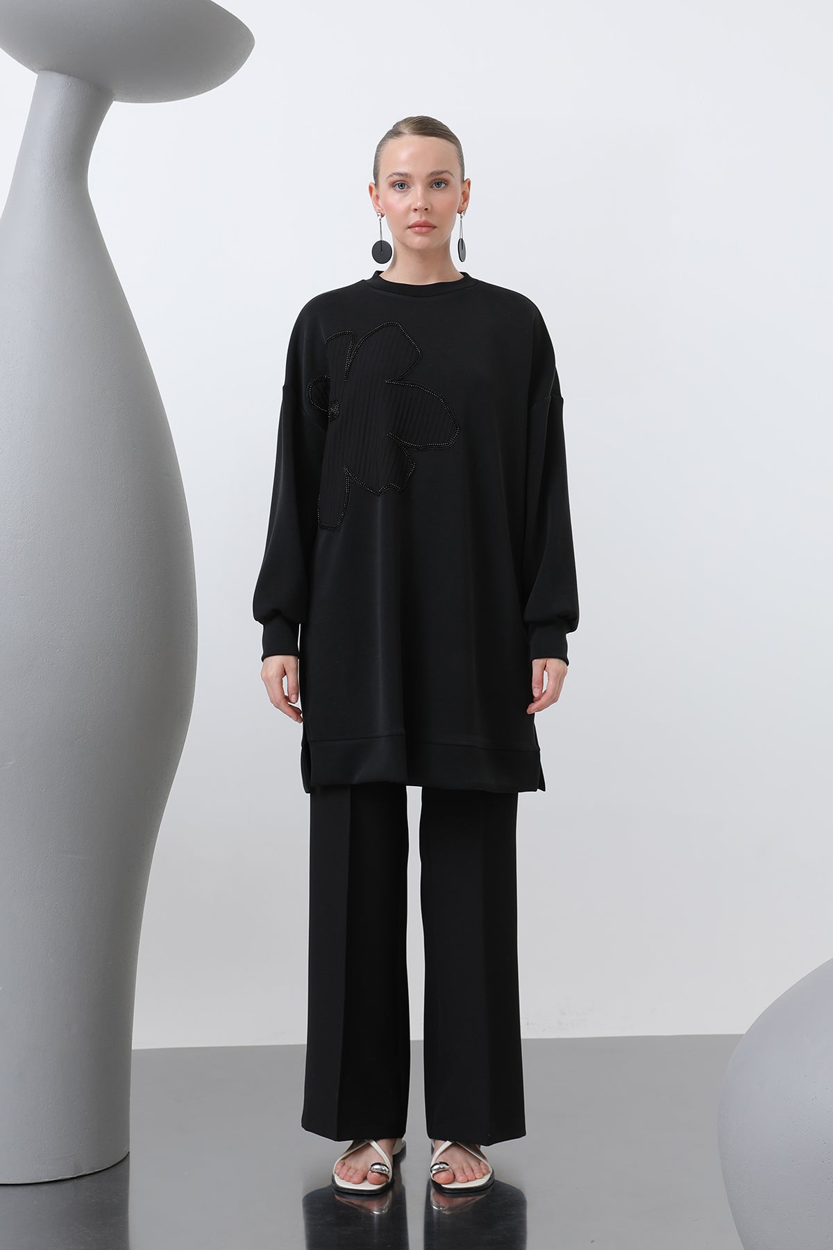 Kadın Önü İşlemeli Garni Detaylı Tunik - 10627TNK BLACK