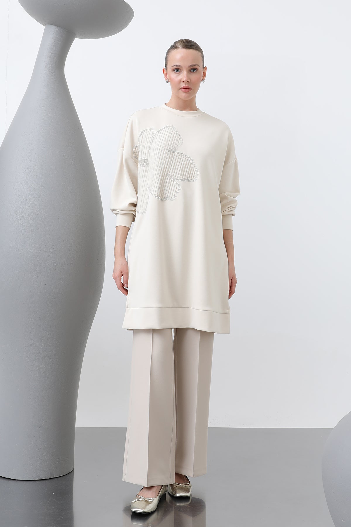 Kadın Önü İşlemeli Garni Detaylı Tunik - 10627TNK SAND BEIGE-BEIGE