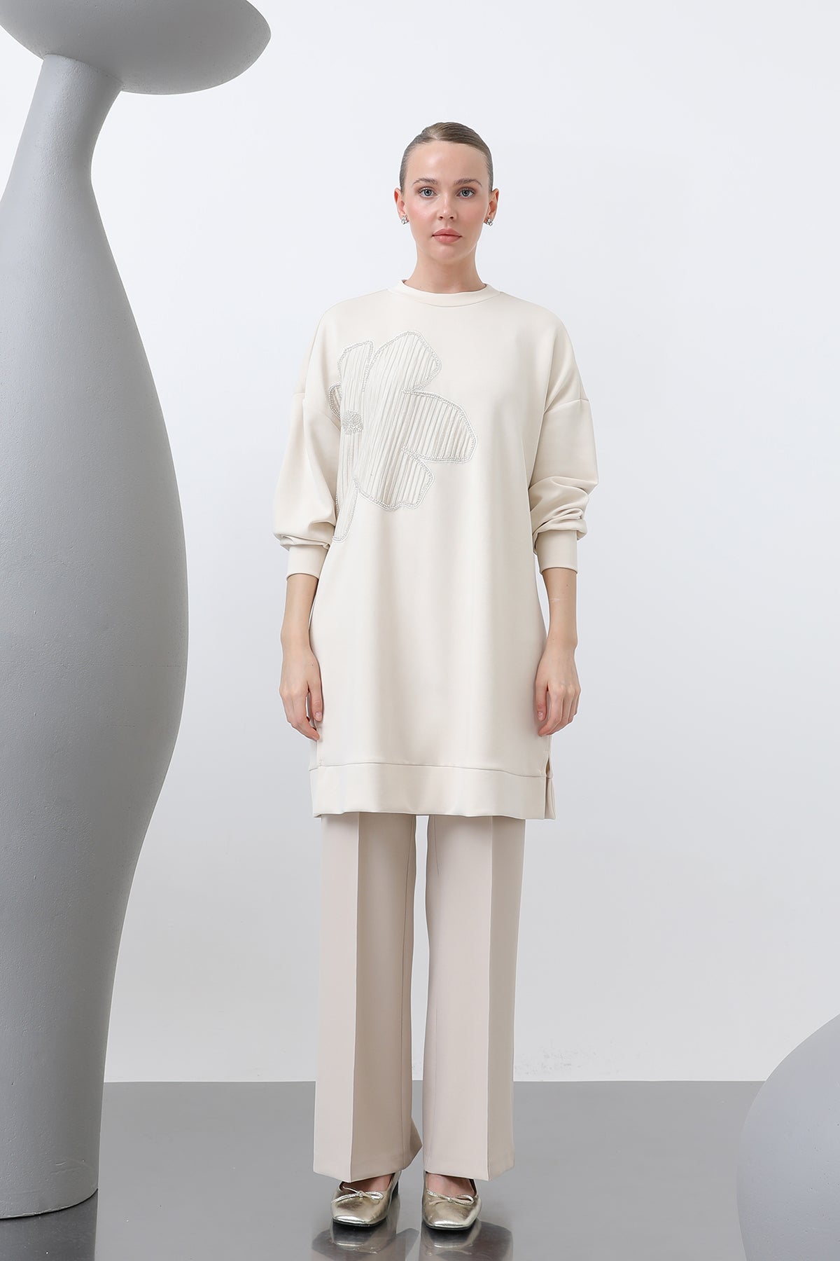 Kadın Önü İşlemeli Garni Detaylı Tunik - 10627TNK SAND BEIGE-BEIGE