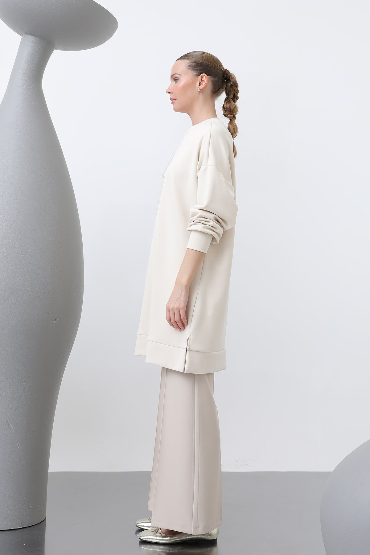 Kadın Önü İşlemeli Garni Detaylı Tunik - 10627TNK SAND BEIGE-BEIGE