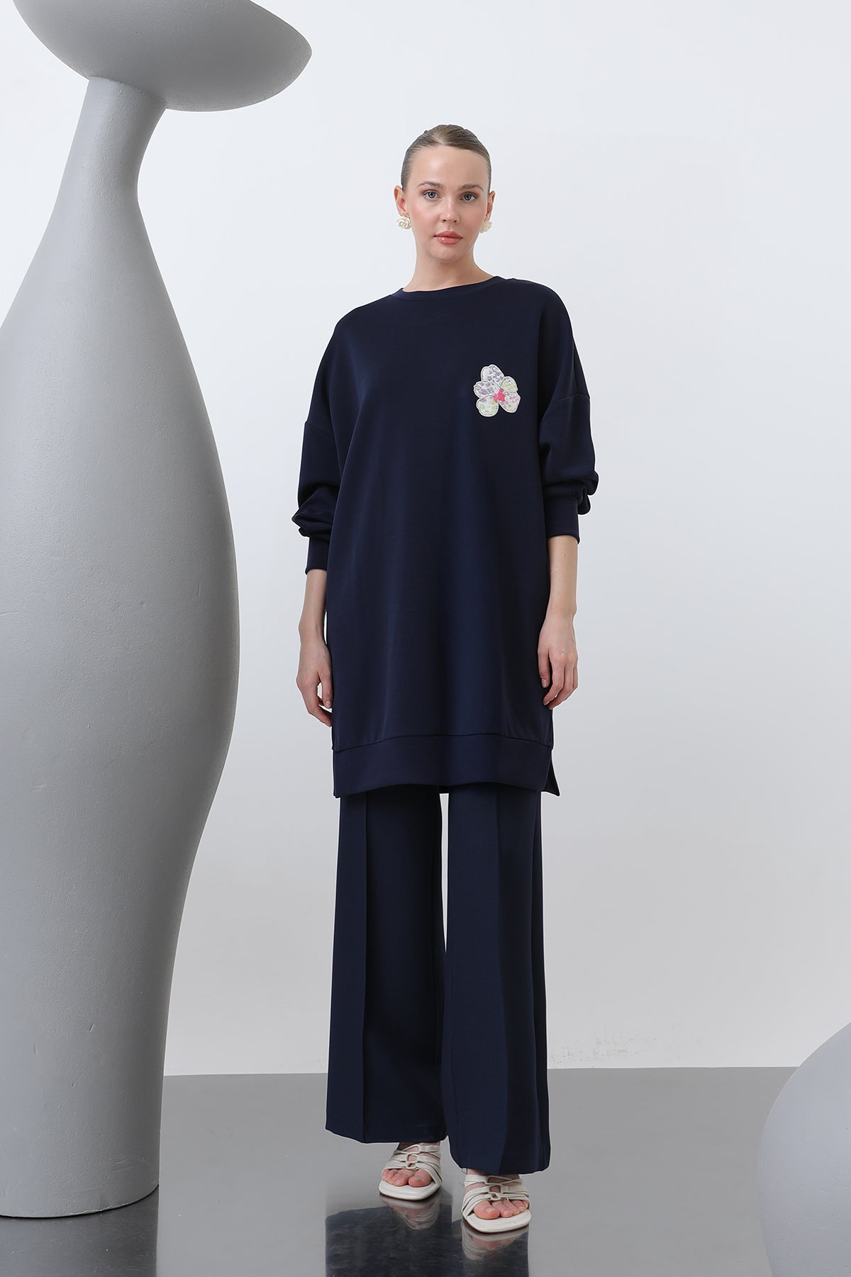 Kadın Önü Ve Arkası Nakış Detaylı Garnili Tunik - 10641TNK NAVY-BLUE