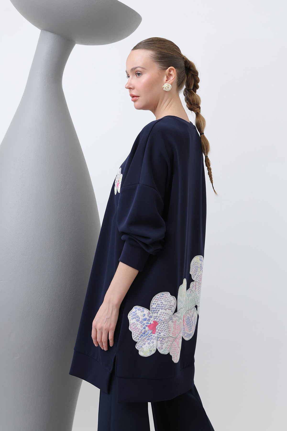 Kadın Önü Ve Arkası Nakış Detaylı Garnili Tunik - 10641TNK NAVY-BLUE