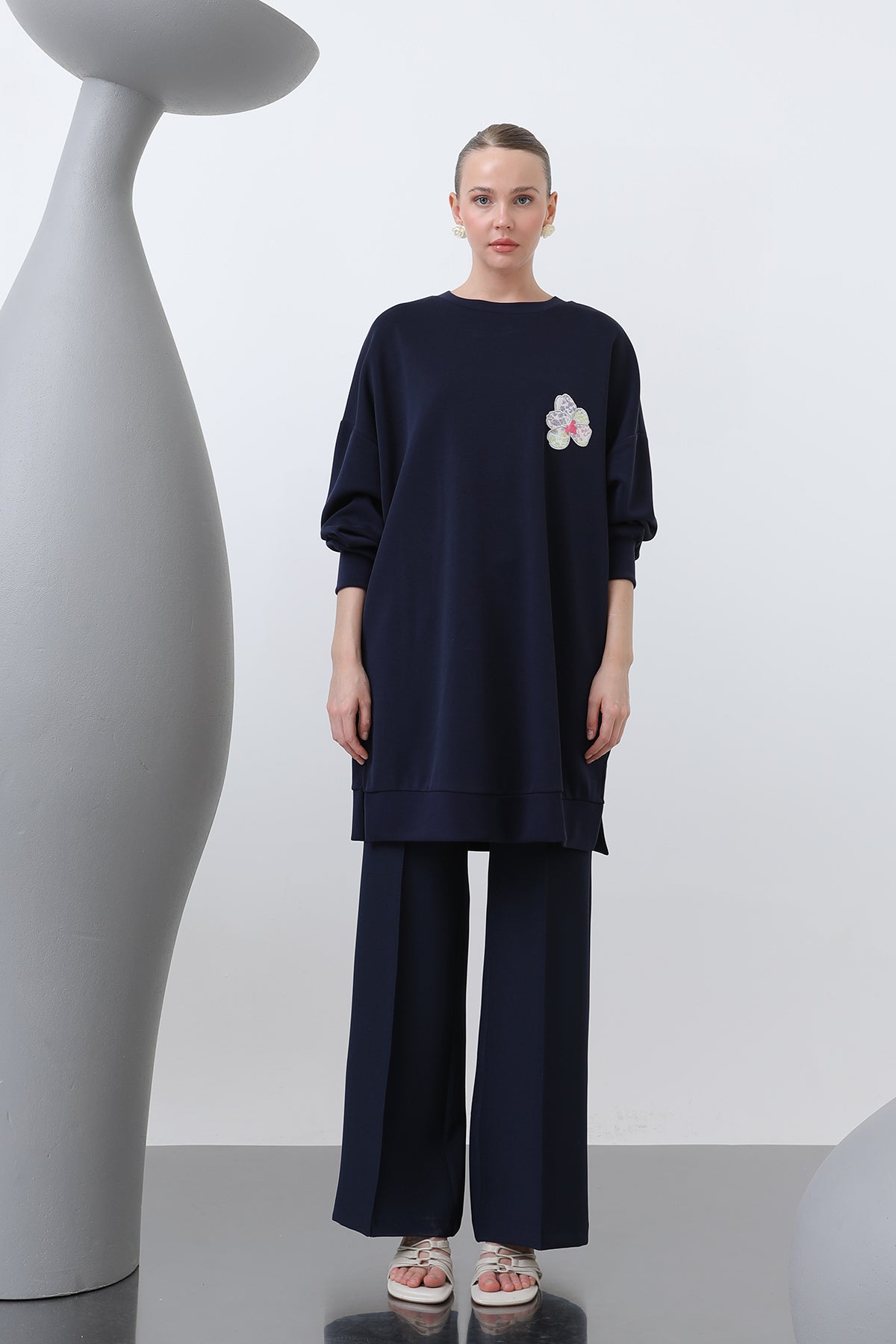 Kadın Önü Ve Arkası Nakış Detaylı Garnili Tunik - 10641TNK NAVY-BLUE