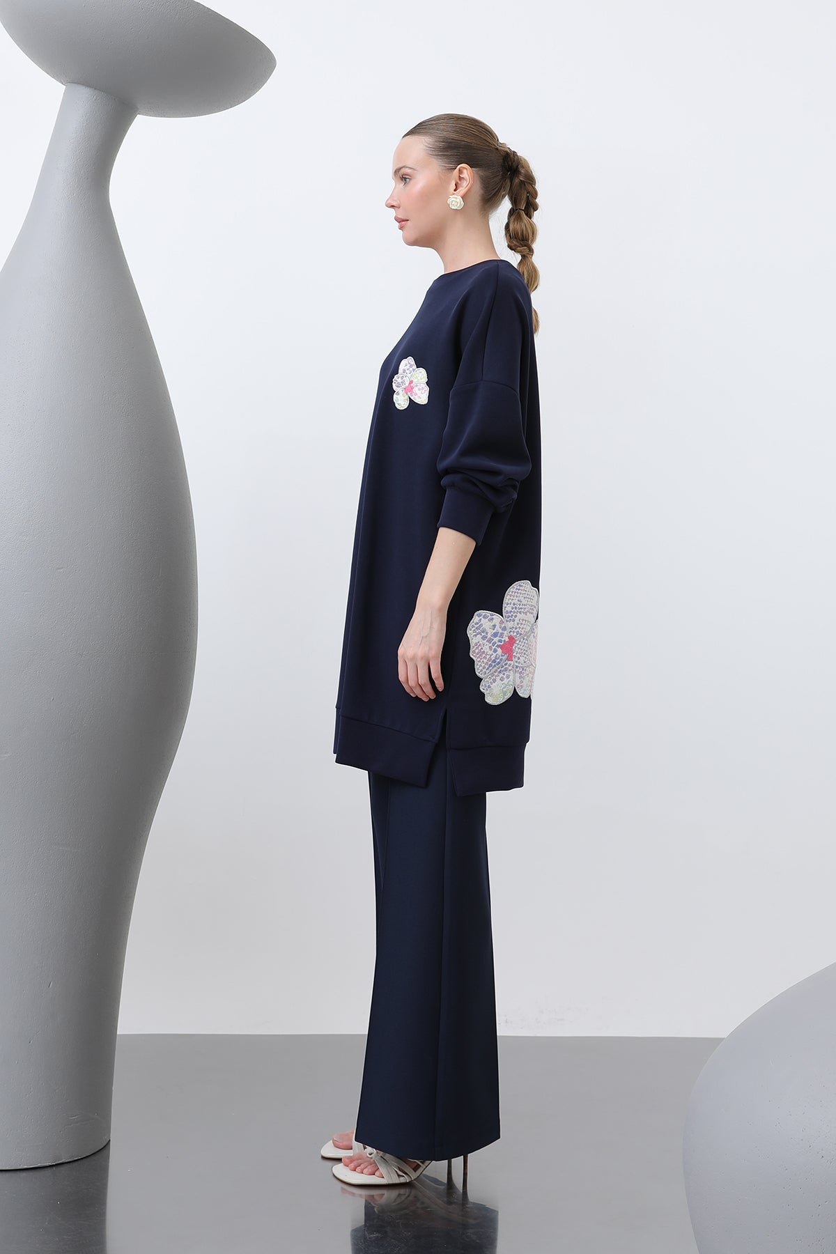 Kadın Önü Ve Arkası Nakış Detaylı Garnili Tunik - 10641TNK NAVY-BLUE