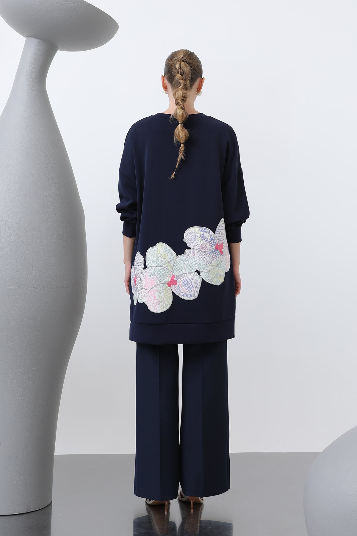 Kadın Önü Ve Arkası Nakış Detaylı Garnili Tunik - 10641TNK NAVY-BLUE