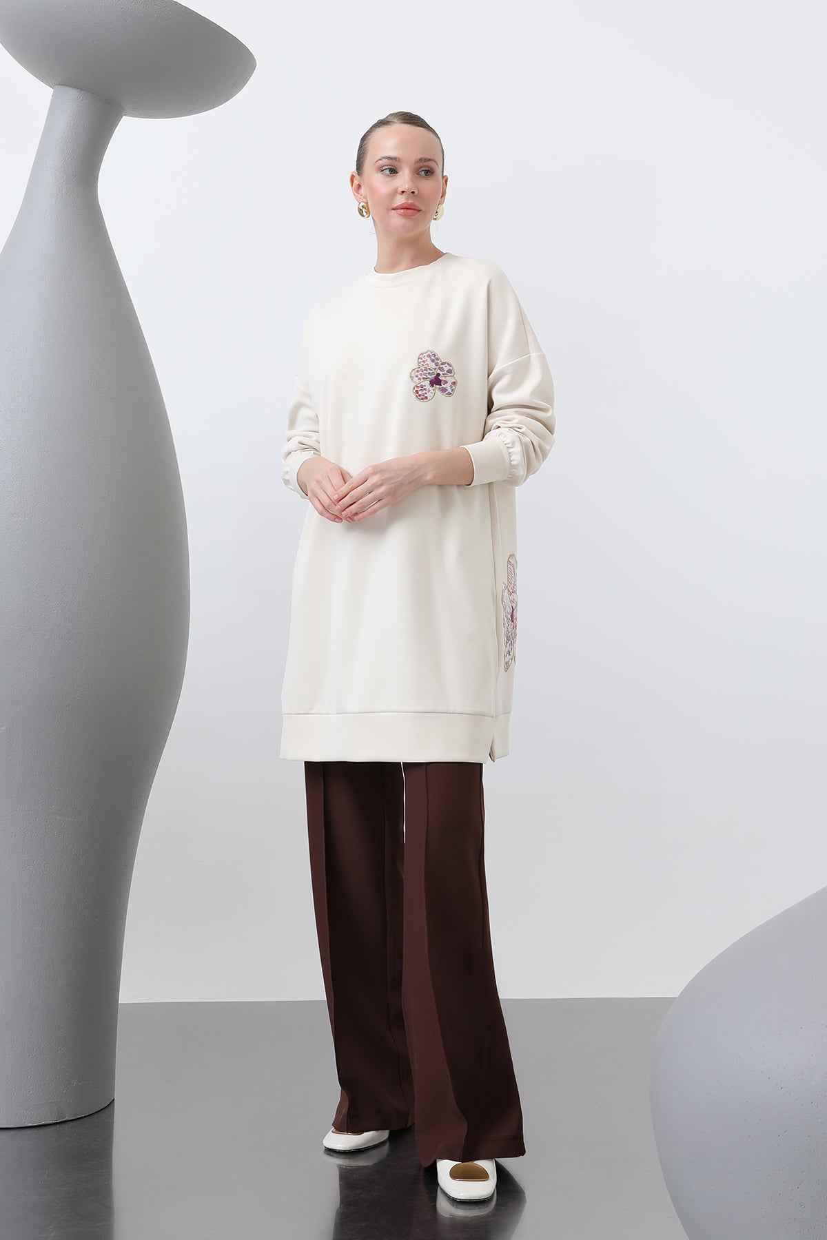Kadın Önü Ve Arkası Nakış Detaylı Garnili Tunik - 10641TNK SAND BEIGE-ORANGE